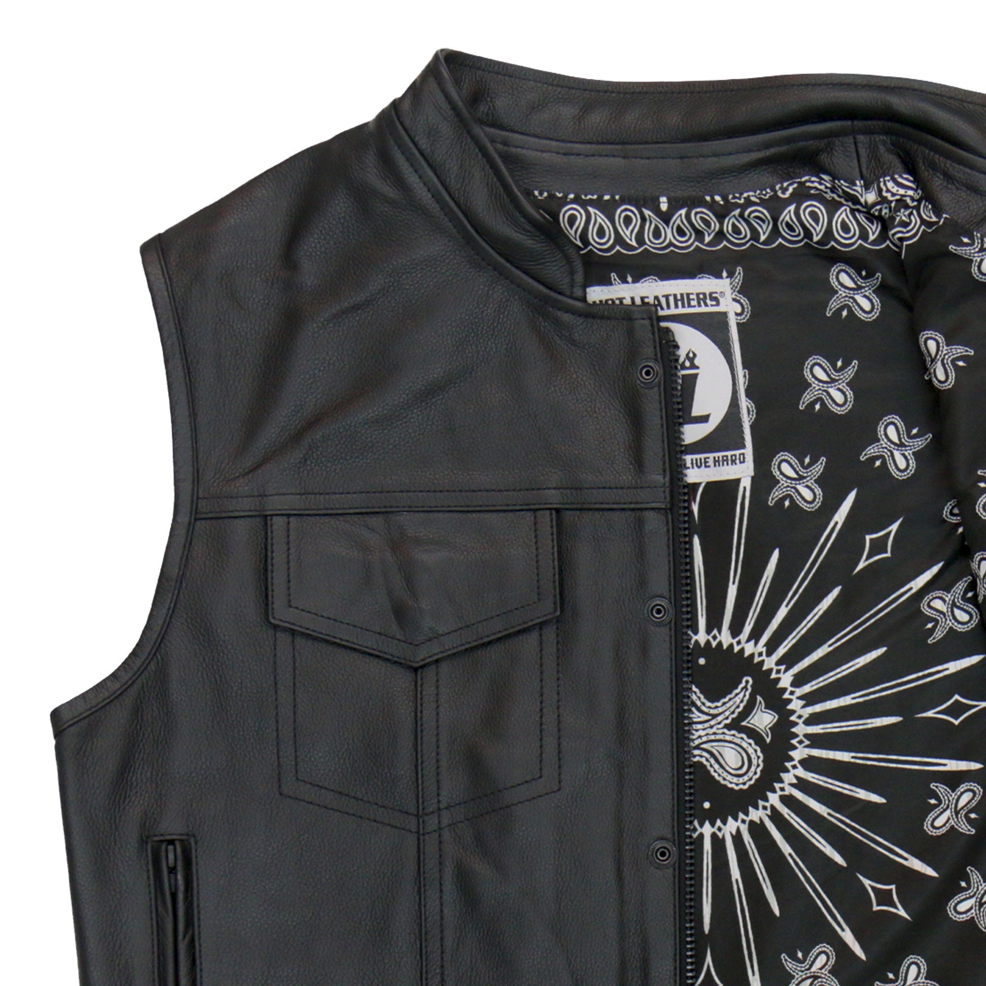 VSM1049 Men's Black 'Paisley' Motorcycle Club style Conceal and Carry Leather Biker Vest
