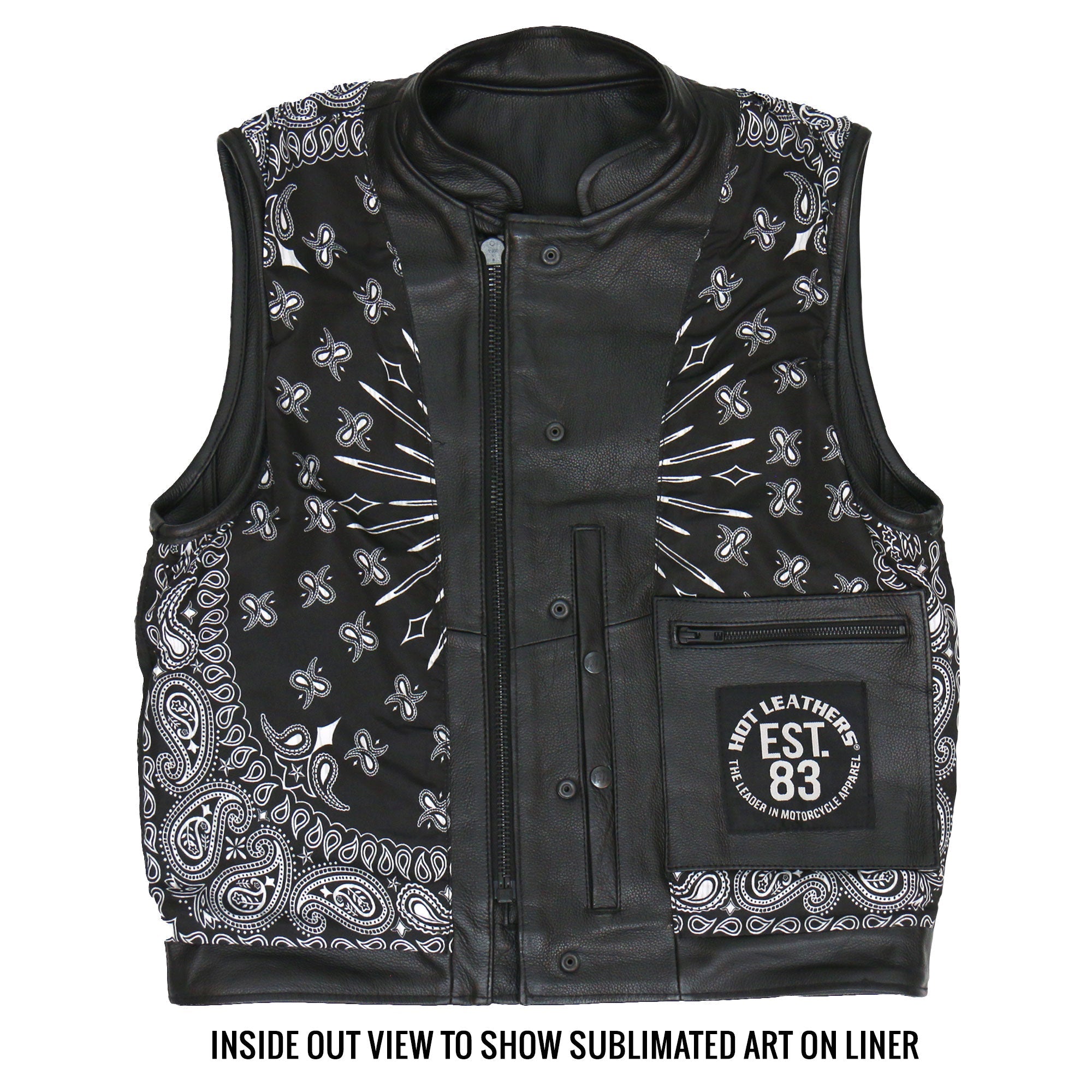 VSM1049 Men's Black 'Paisley' Motorcycle Club style Conceal and Carry Leather Biker Vest