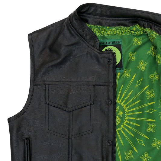 VSM1050 Men’s Black 'Paisley Green' Motorcycle Club style Conceal and Carry Leather Biker Vest