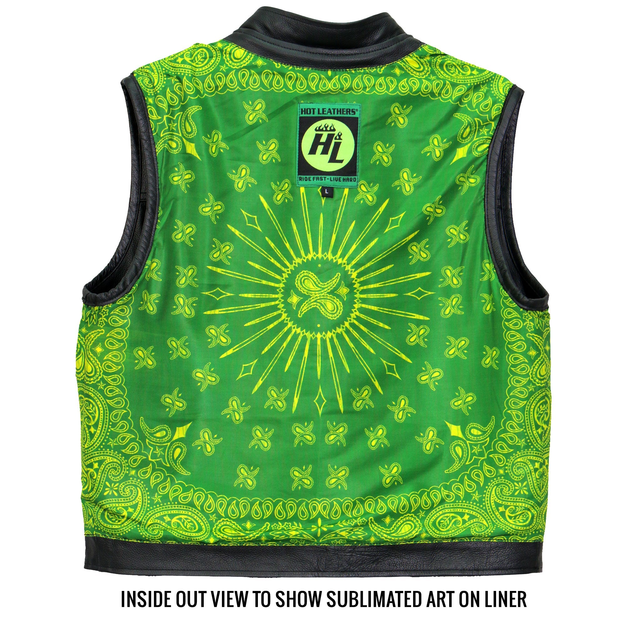 VSM1050 Men’s Black 'Paisley Green' Motorcycle Club style Conceal and Carry Leather Biker Vest