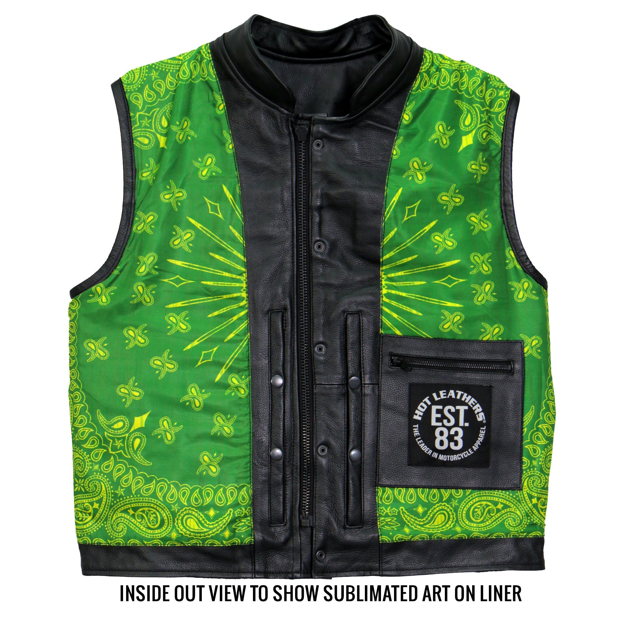 VSM1050 Men’s Black 'Paisley Green' Motorcycle Club style Conceal and Carry Leather Biker Vest