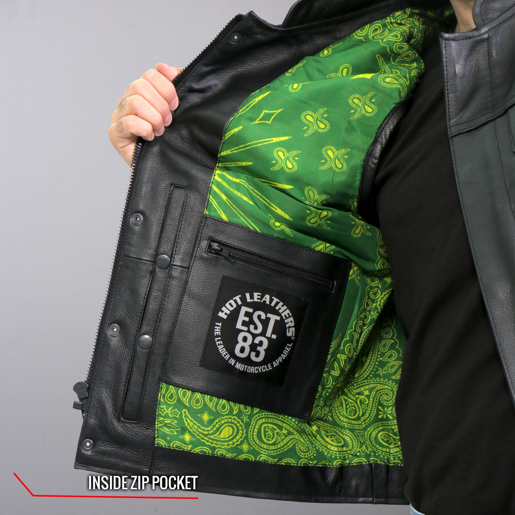 VSM1050 Men’s Black 'Paisley Green' Motorcycle Club style Conceal and Carry Leather Biker Vest