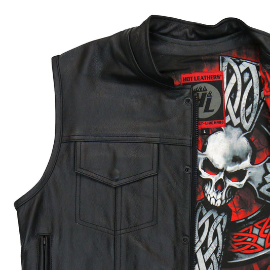 VSM1051 Men's Black 'Celtic Cross' Motorcycle Club Style Conceal and Carry Leather Biker Vest