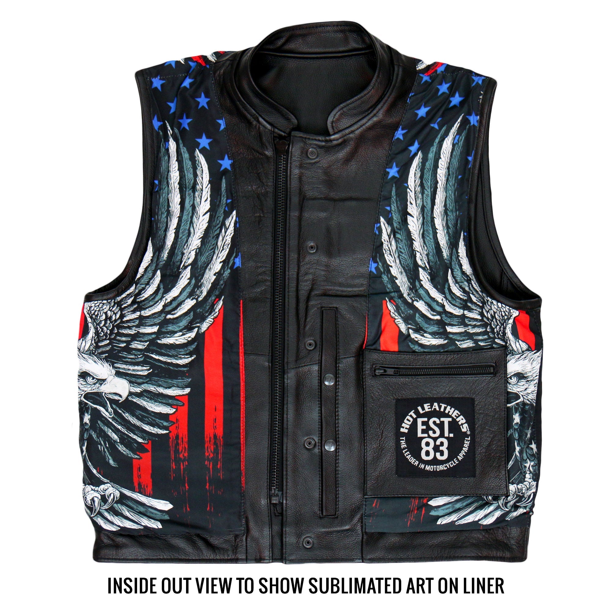 VSM1052 Men's Black 'Patriotic' Motorcycle Club style Conceal and Carry Leather Biker Vest