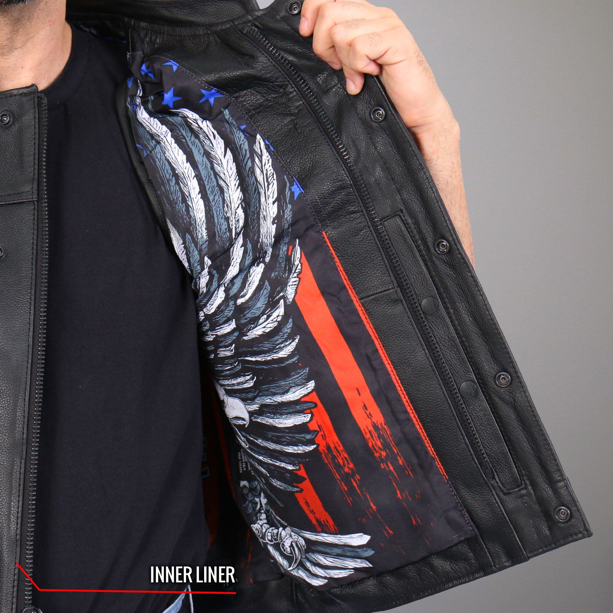 VSM1052 Men's Black 'Patriotic' Motorcycle Club style Conceal and Carry Leather Biker Vest