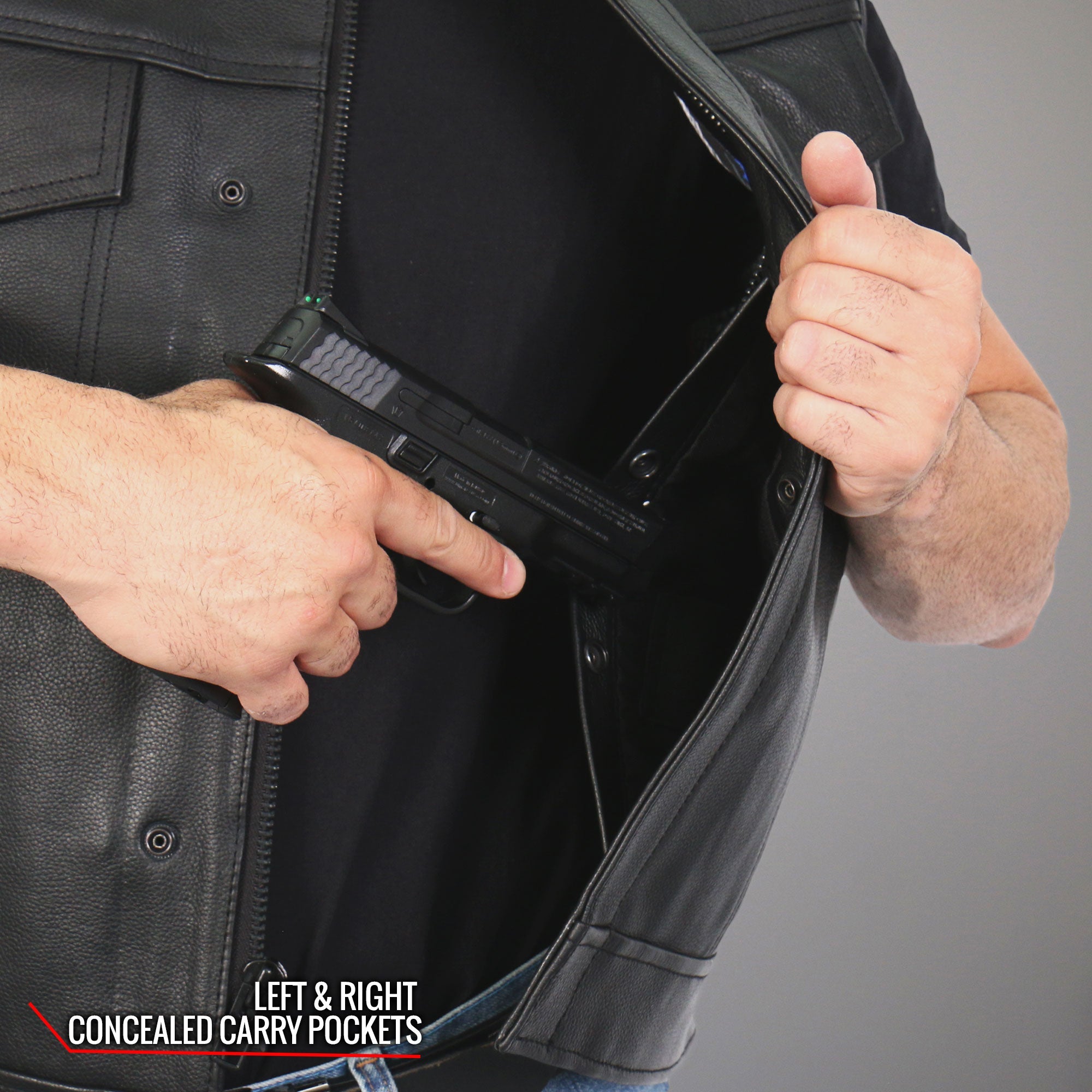 VSM1052 Men's Black 'Patriotic' Motorcycle Club style Conceal and Carry Leather Biker Vest