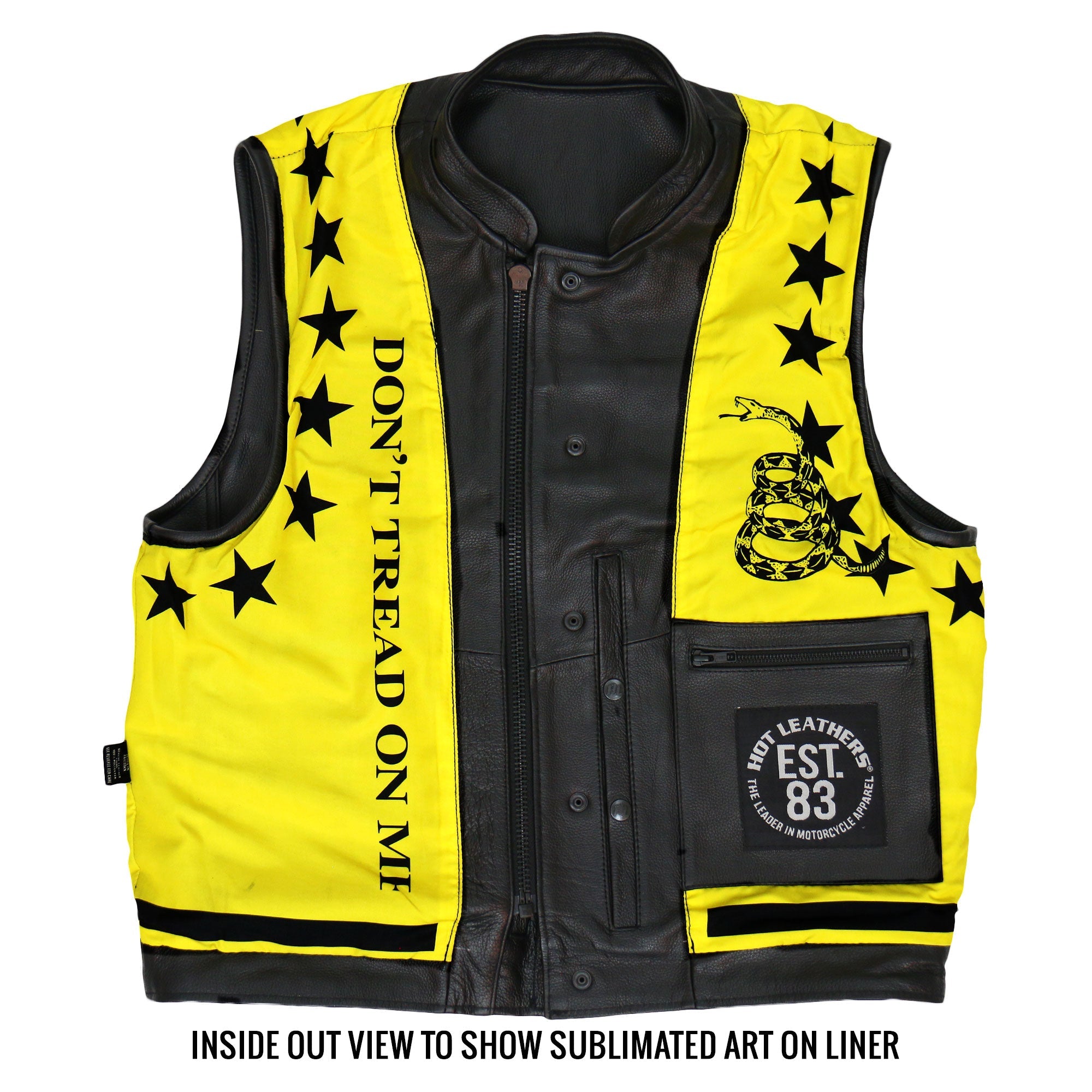 VSM1053 Men's Black 'Don't Tread On Me' Motorcycle Club Style Conceal and Carry Leather Biker Vest