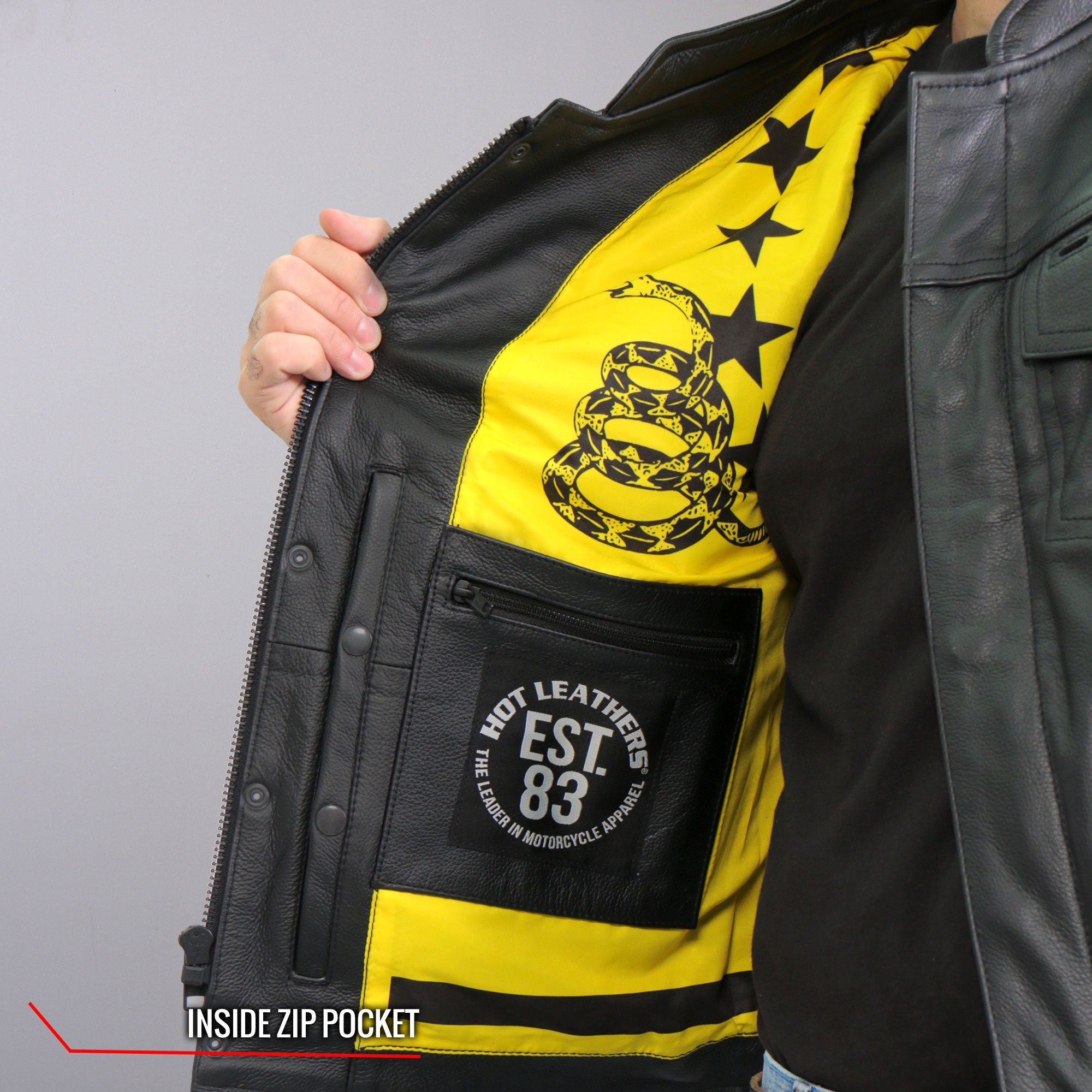 VSM1053 Men's Black 'Don't Tread On Me' Motorcycle Club Style Conceal and Carry Leather Biker Vest