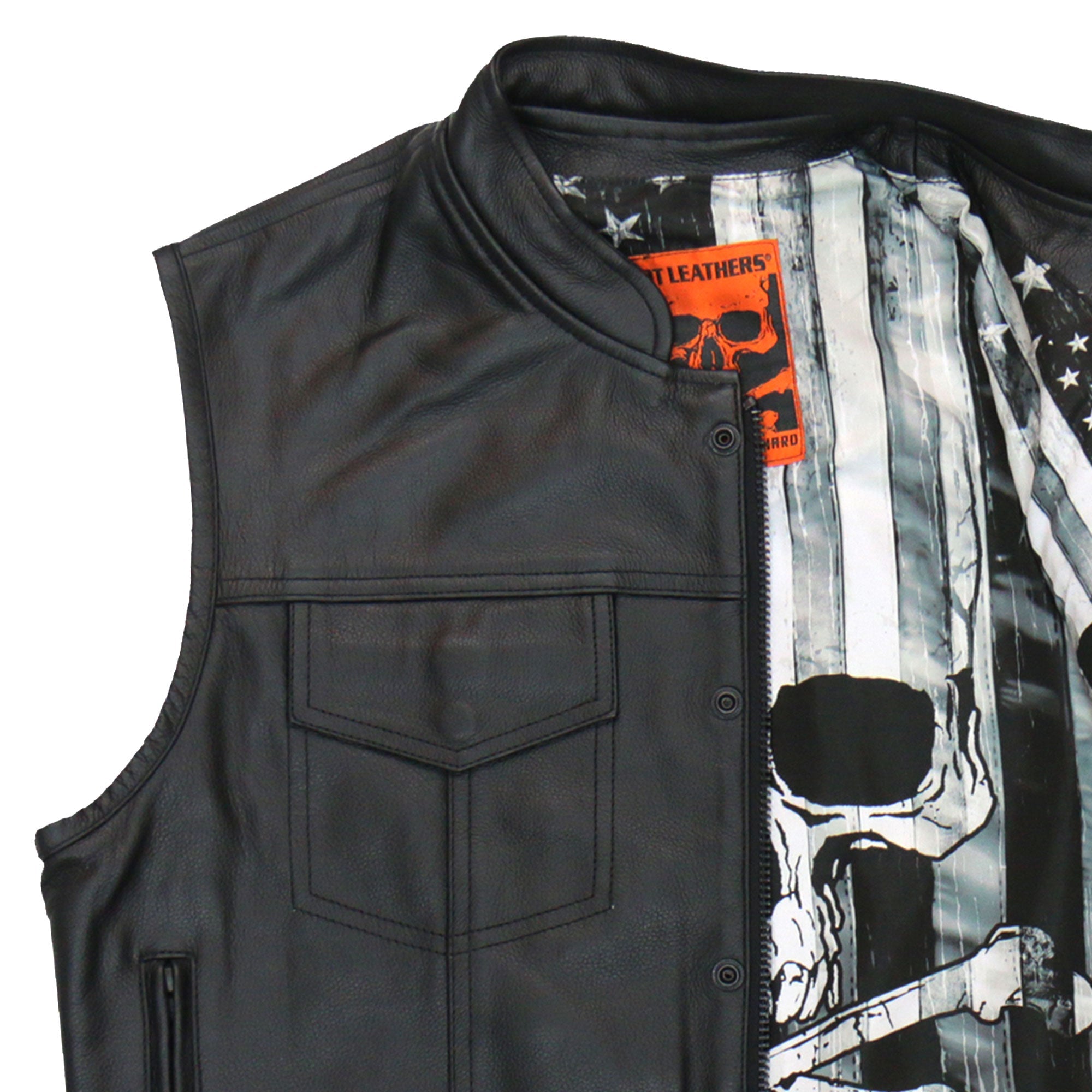 VSM1054 Men’s Black 'Skull Flag' Motorcycle Club style Conceal and Carry Leather Biker Vest