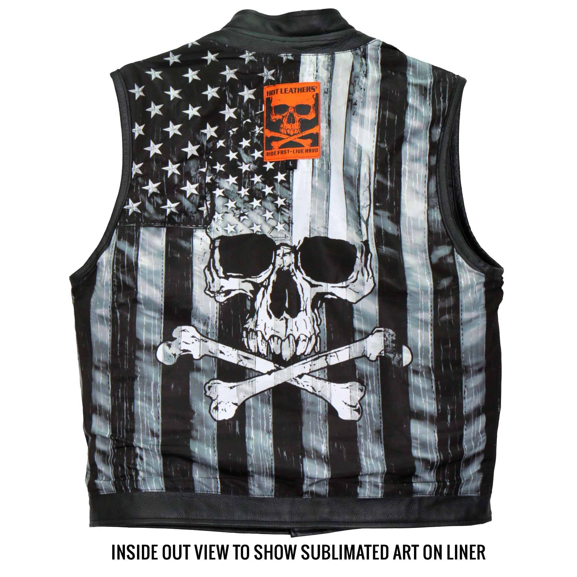 VSM1054 Men’s Black 'Skull Flag' Motorcycle Club style Conceal and Carry Leather Biker Vest