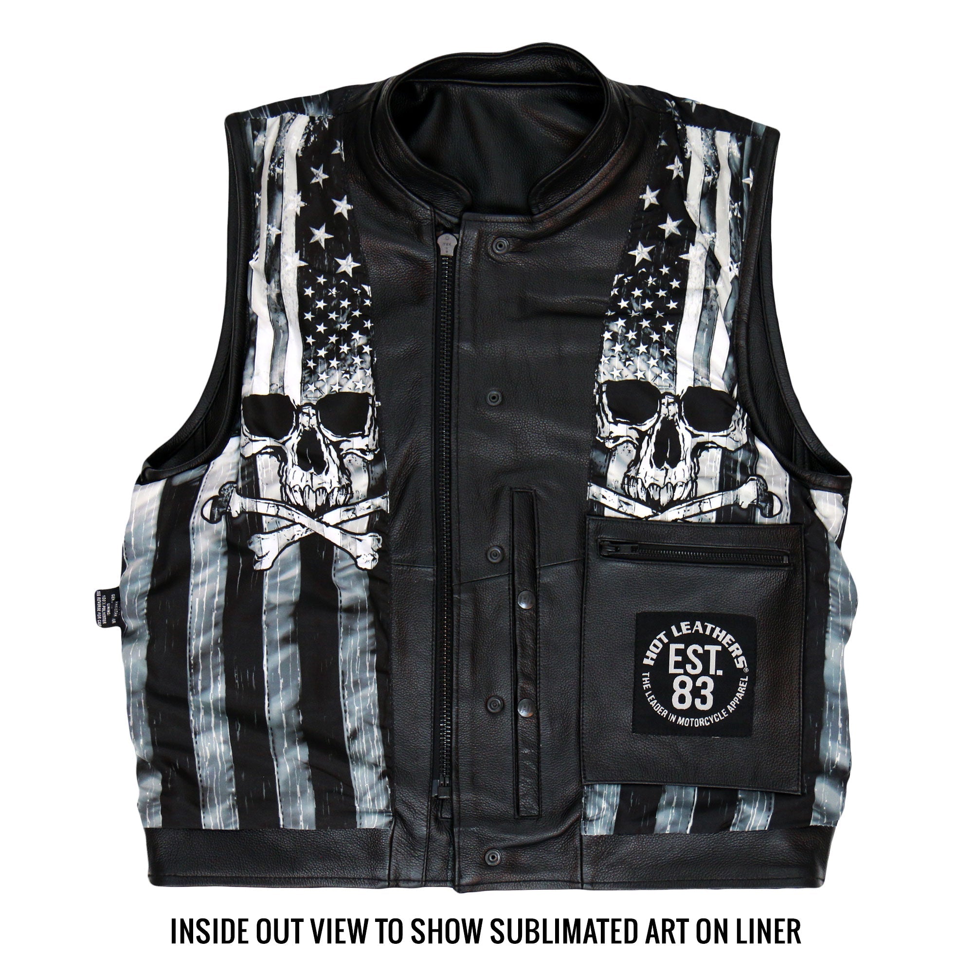VSM1054 Men’s Black 'Skull Flag' Motorcycle Club style Conceal and Carry Leather Biker Vest