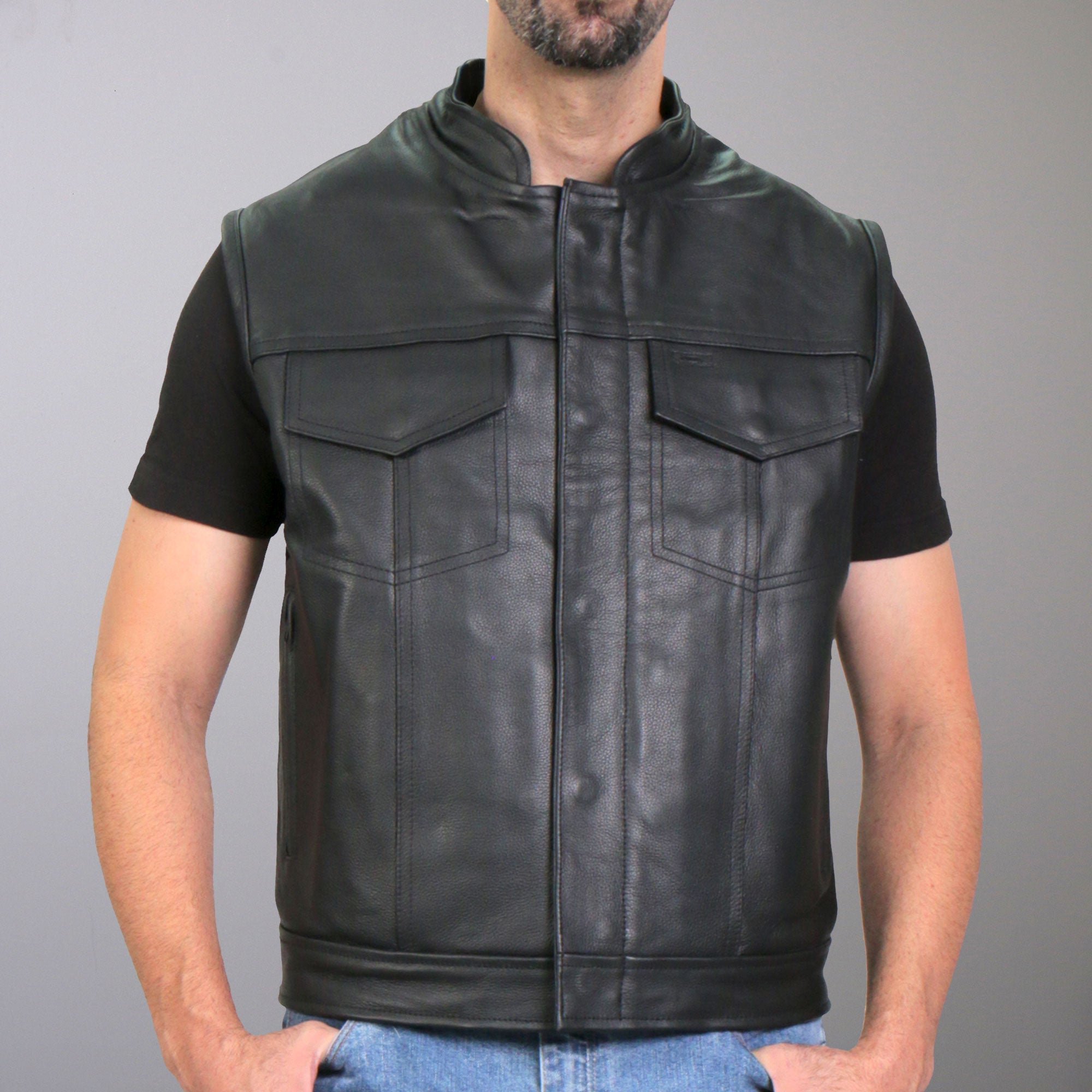 VSM1054 Men’s Black 'Skull Flag' Motorcycle Club style Conceal and Carry Leather Biker Vest