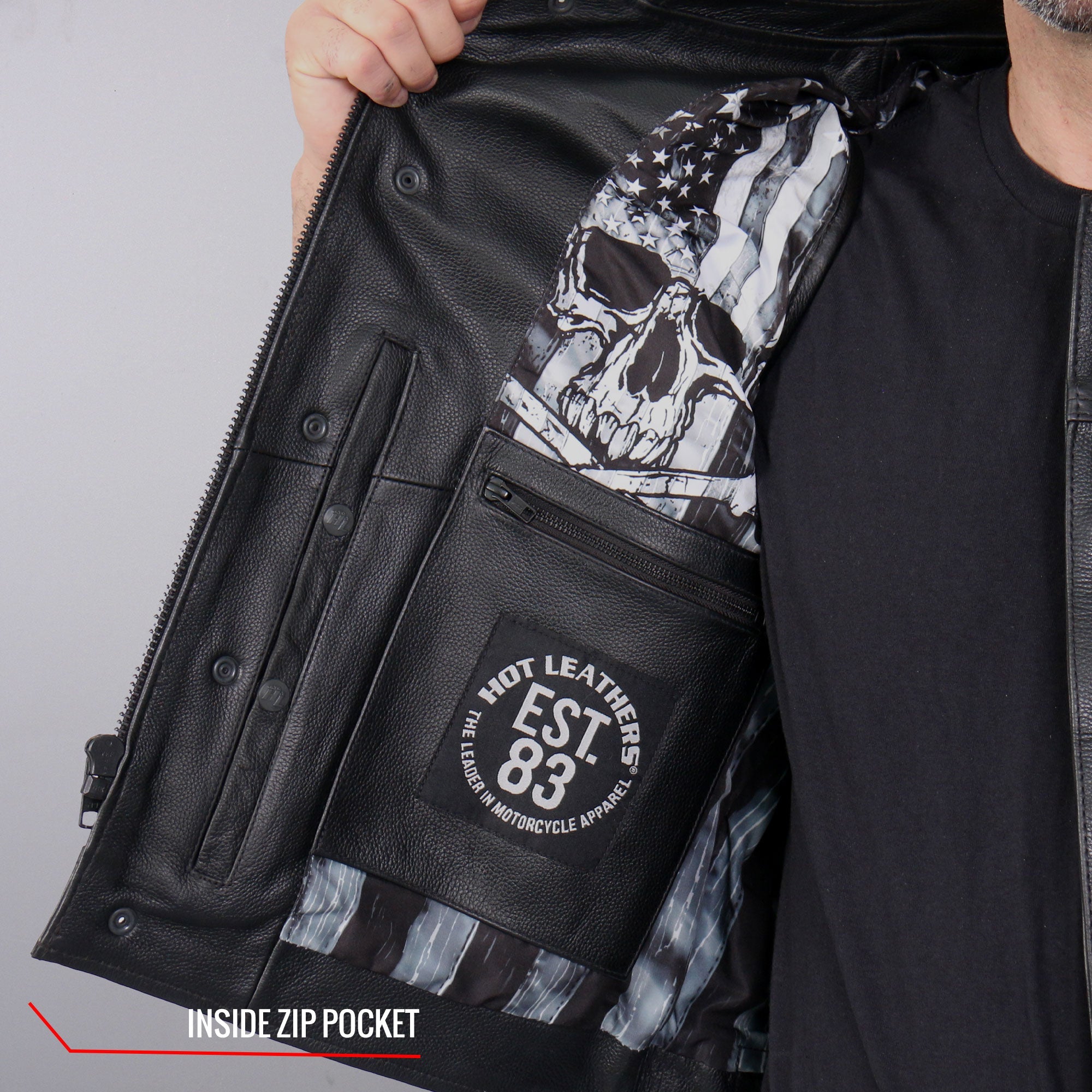 VSM1054 Men’s Black 'Skull Flag' Motorcycle Club style Conceal and Carry Leather Biker Vest