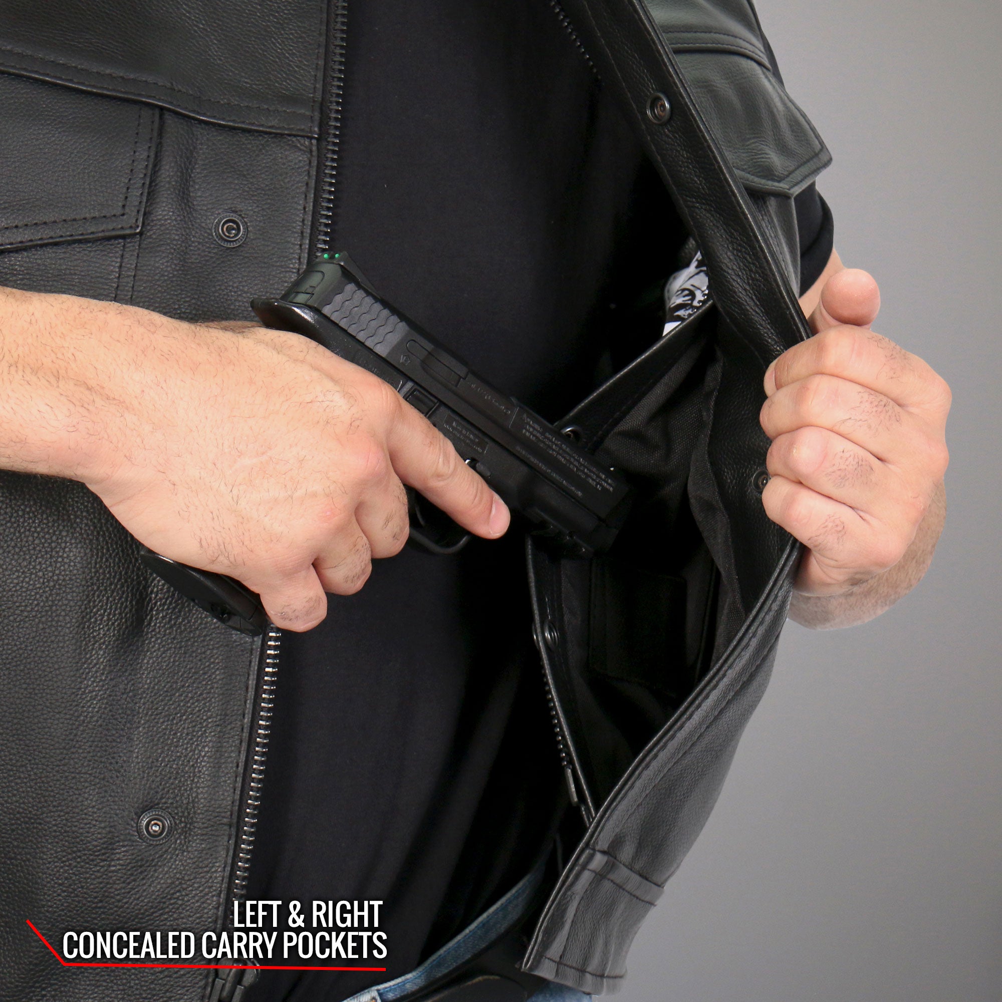 VSM1054 Men’s Black 'Skull Flag' Motorcycle Club style Conceal and Carry Leather Biker Vest