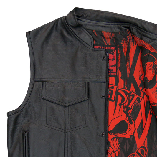VSM1055 Men’s Black 'Over The Top Skull' Motorcycle Club Style Conceal and Carry Leather Biker Vest