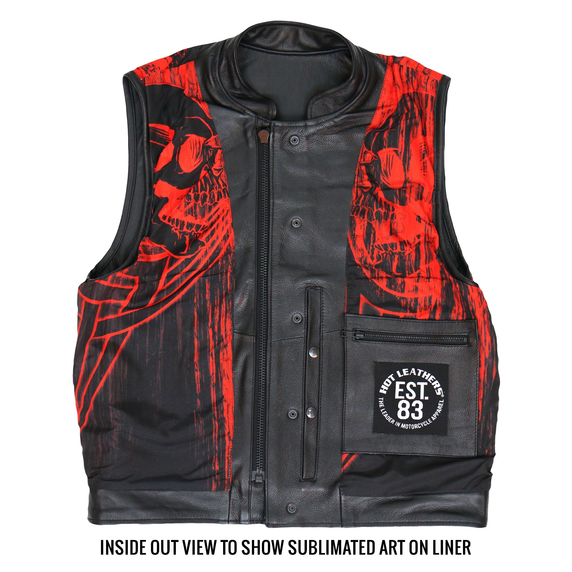 VSM1055 Men’s Black 'Over The Top Skull' Motorcycle Club Style Conceal and Carry Leather Biker Vest