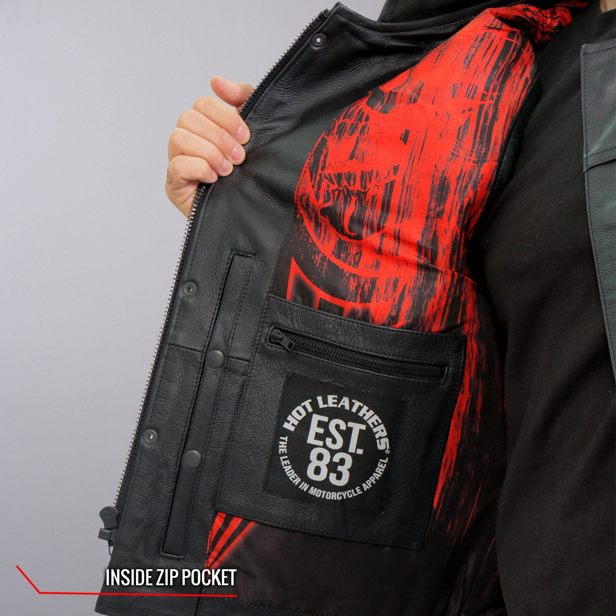 VSM1055 Men’s Black 'Over The Top Skull' Motorcycle Club Style Conceal and Carry Leather Biker Vest