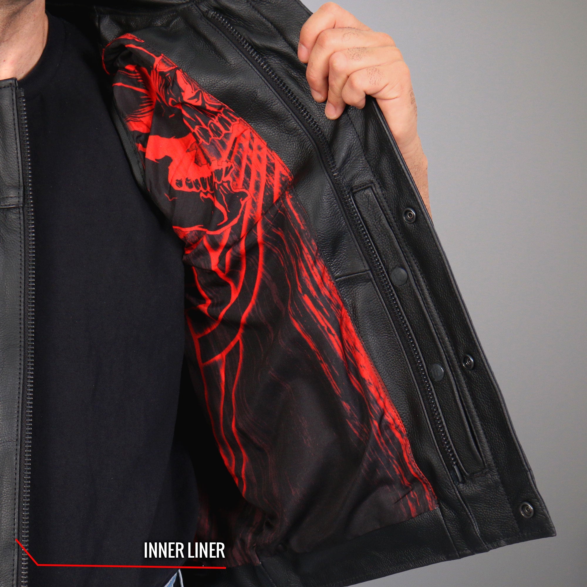 VSM1055 Men’s Black 'Over The Top Skull' Motorcycle Club Style Conceal and Carry Leather Biker Vest