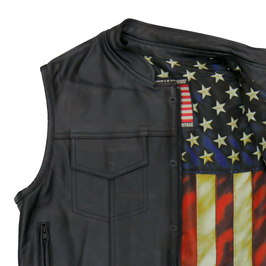 VSM1056 Men's Black 'Vintage USA Flag' Motorcycle Club Style Conceal and Carry Leather Biker Vest