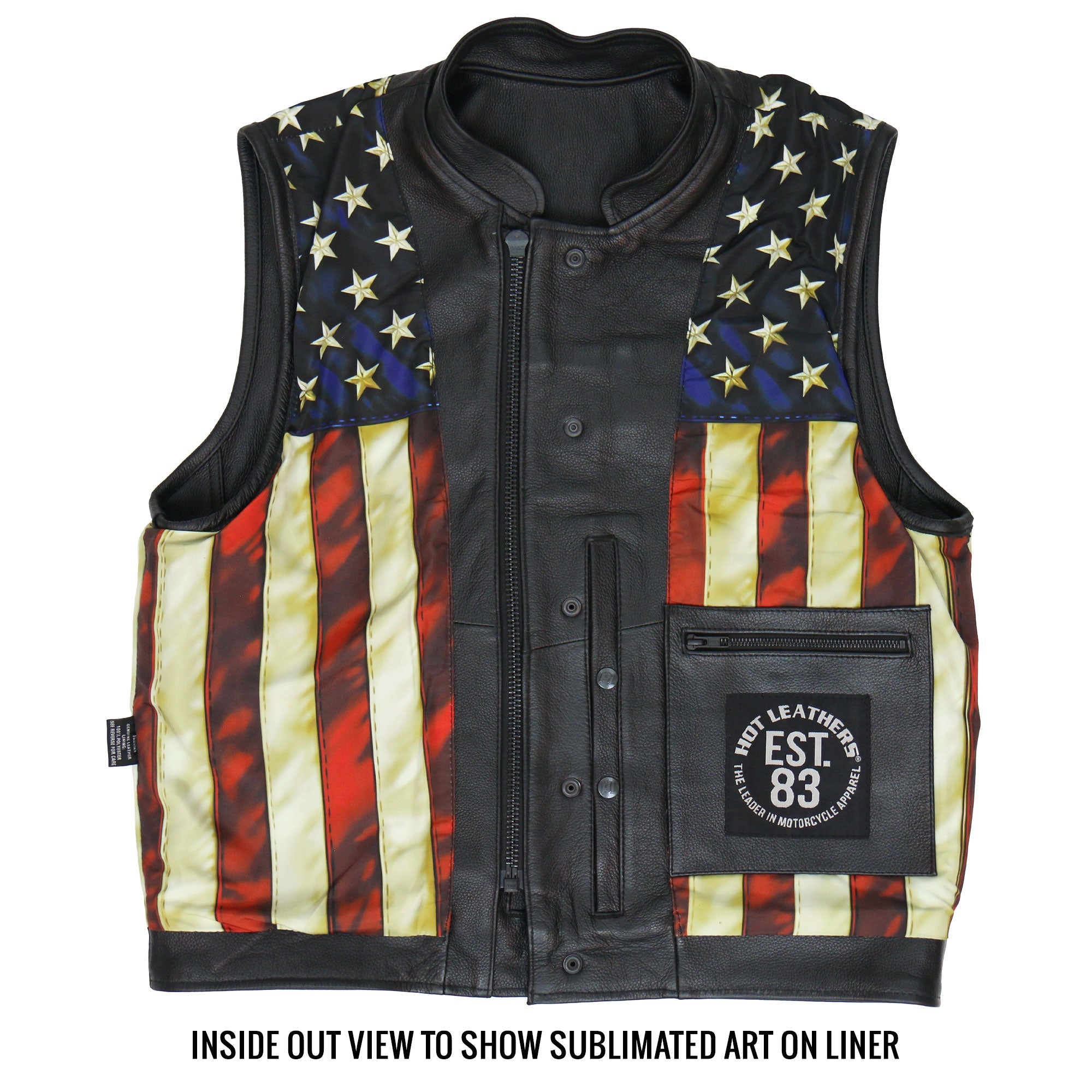 VSM1056 Men's Black 'Vintage USA Flag' Motorcycle Club Style Conceal and Carry Leather Biker Vest