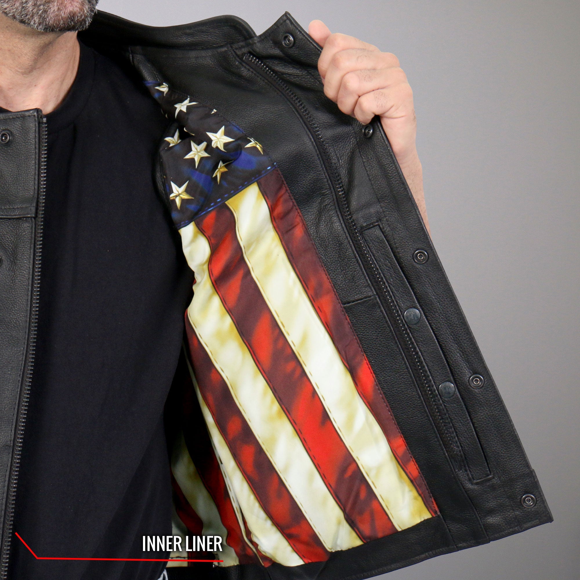 VSM1056 Men's Black 'Vintage USA Flag' Motorcycle Club Style Conceal and Carry Leather Biker Vest
