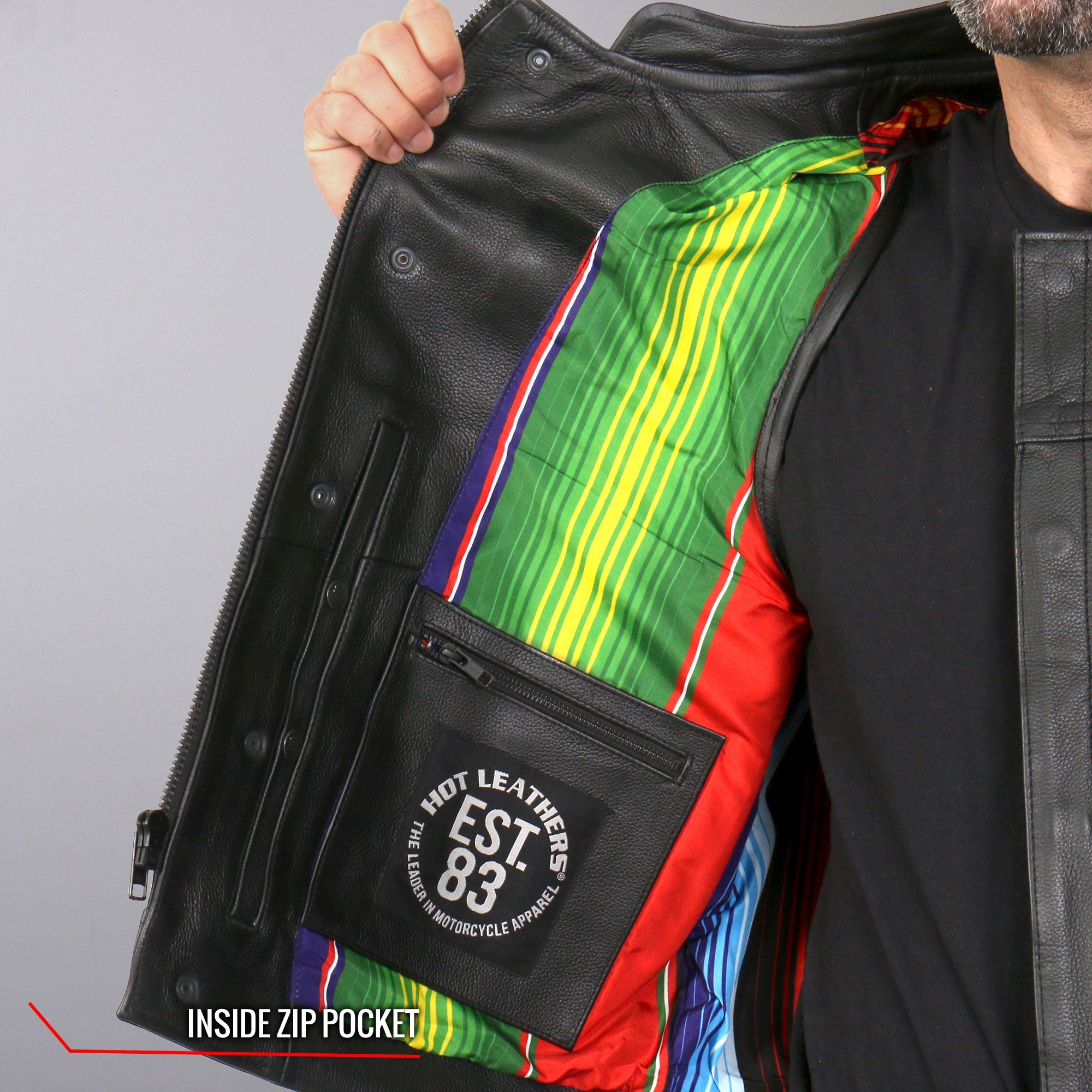 VSM1057 Men’s Black 'Mexican Blanket' Motorcycle Club Style Conceal and Carry Leather Biker Vest