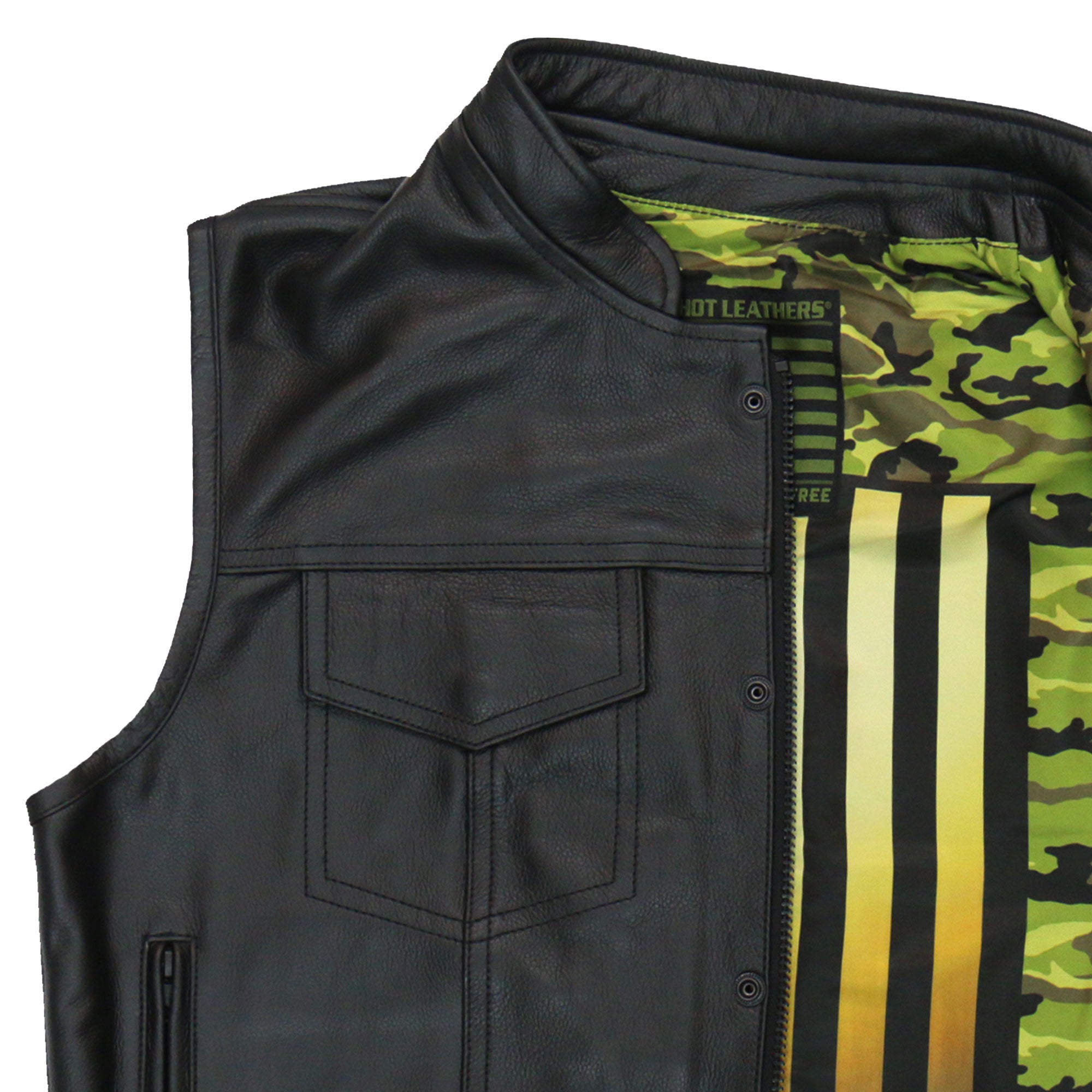 VSM1058 Men's Black 'Camo Flag' Motorcycle Club Style Conceal and Carry Leather Biker Vest