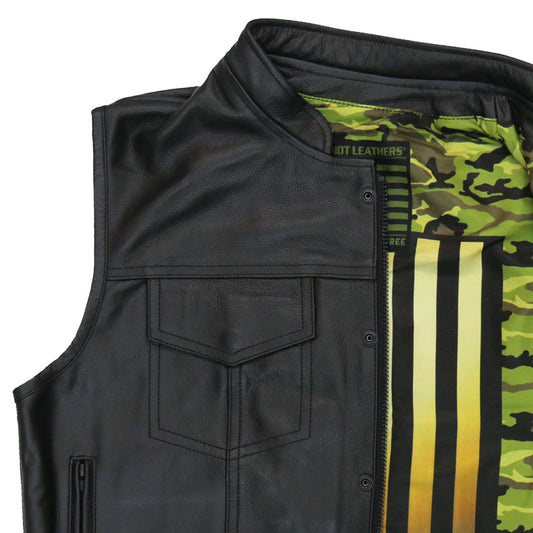 VSM1058 Men's Black 'Camo Flag' Motorcycle Club Style Conceal and Carry Leather Biker Vest