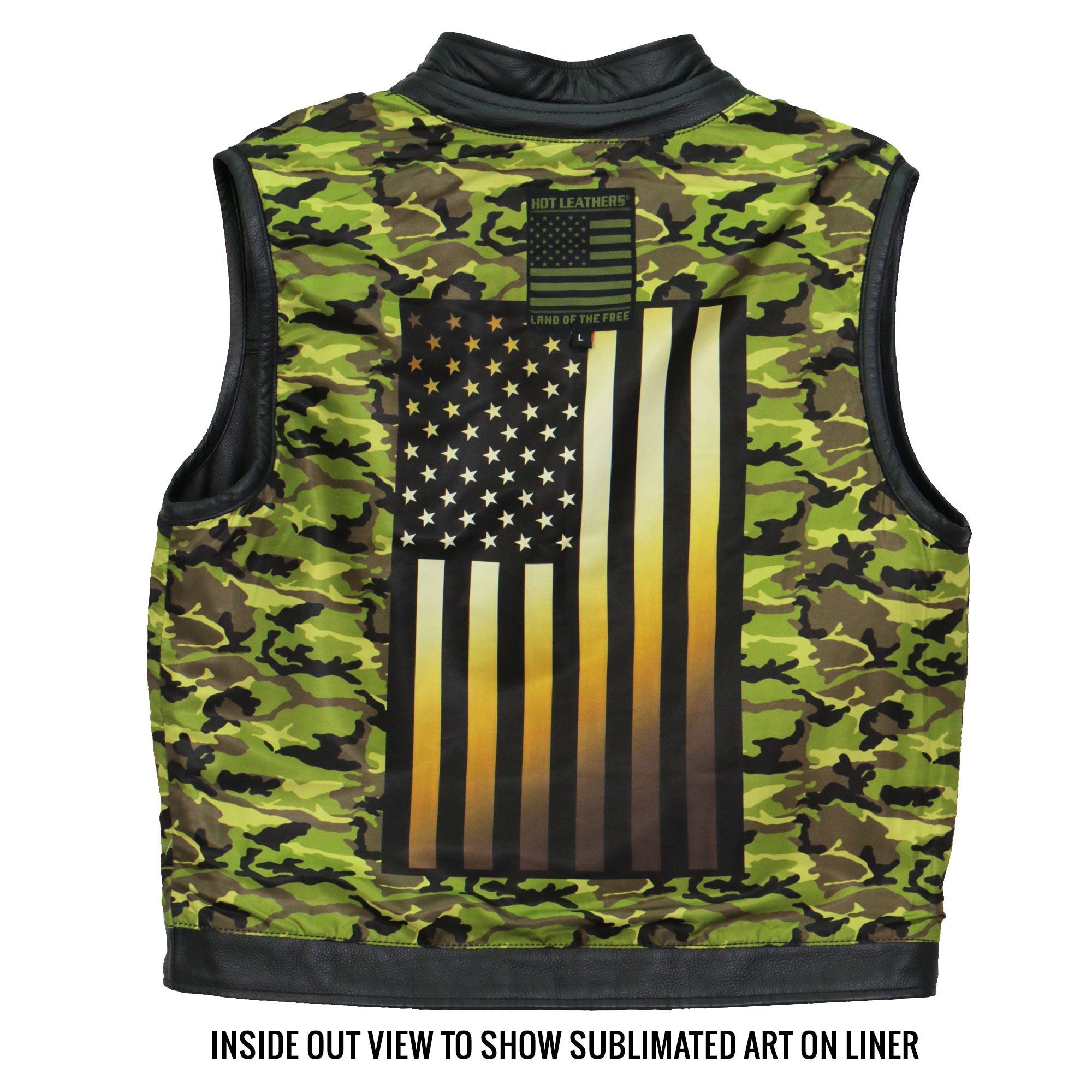 VSM1058 Men's Black 'Camo Flag' Motorcycle Club Style Conceal and Carry Leather Biker Vest