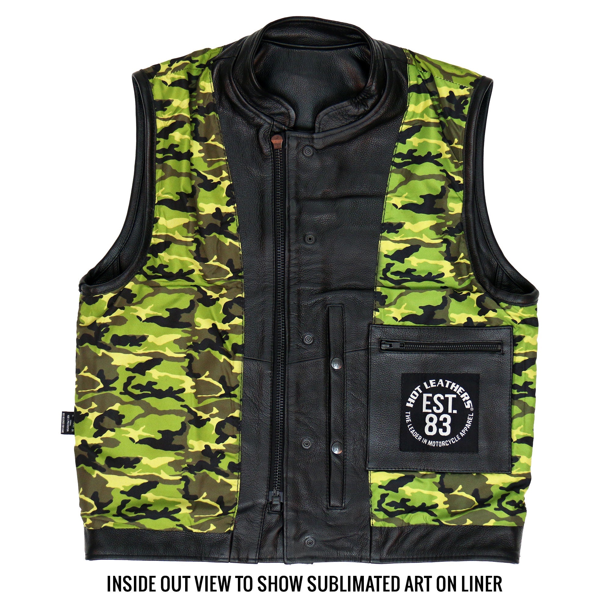 VSM1058 Men's Black 'Camo Flag' Motorcycle Club Style Conceal and Carry Leather Biker Vest