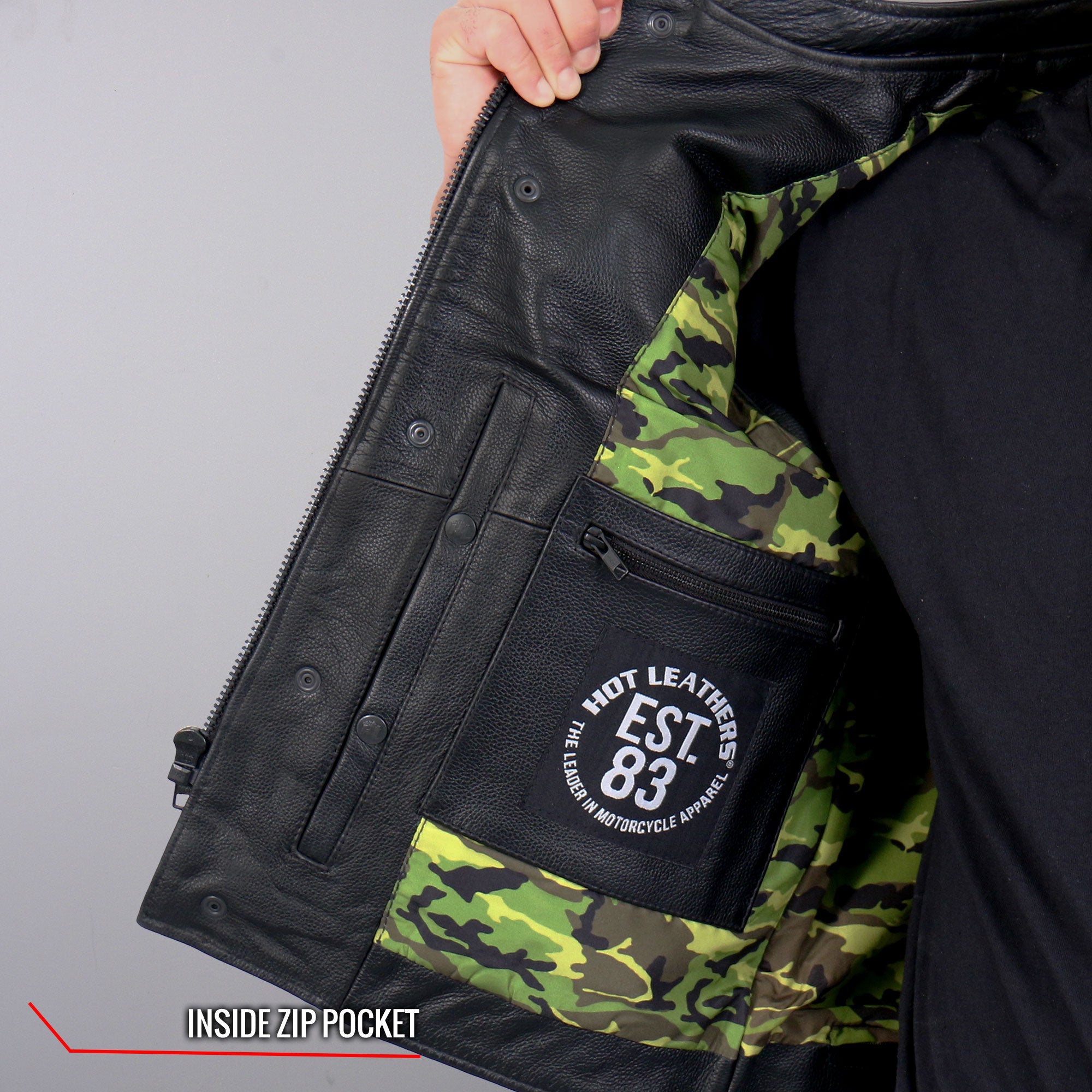 VSM1058 Men's Black 'Camo Flag' Motorcycle Club Style Conceal and Carry Leather Biker Vest