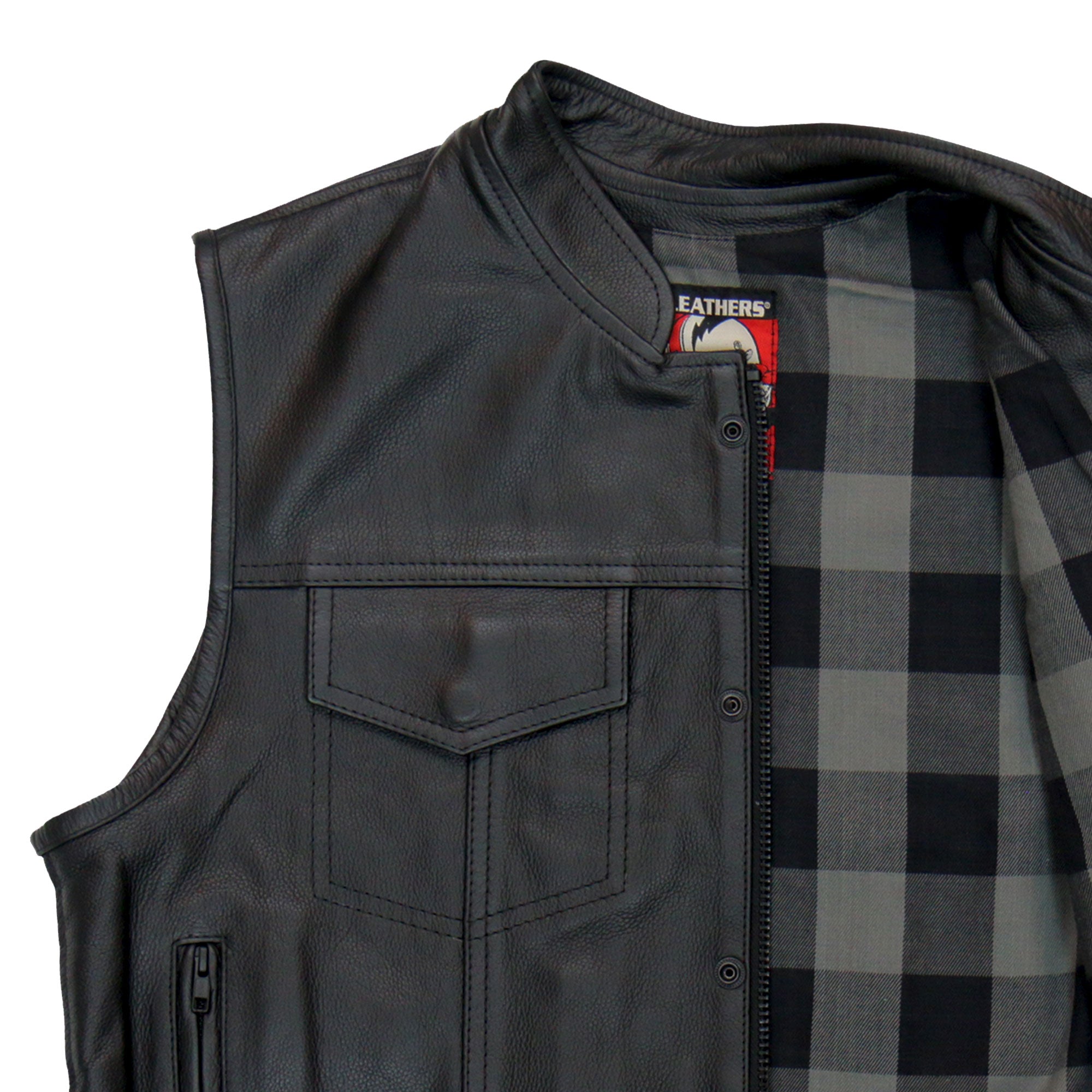 VSM1059 Men's Black 'Flannel Grey' Motorcycle Club style Conceal and Carry Leather Biker Vest