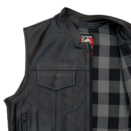 VSM1059 Men's Black 'Flannel Grey' Motorcycle Club style Conceal and Carry Leather Biker Vest