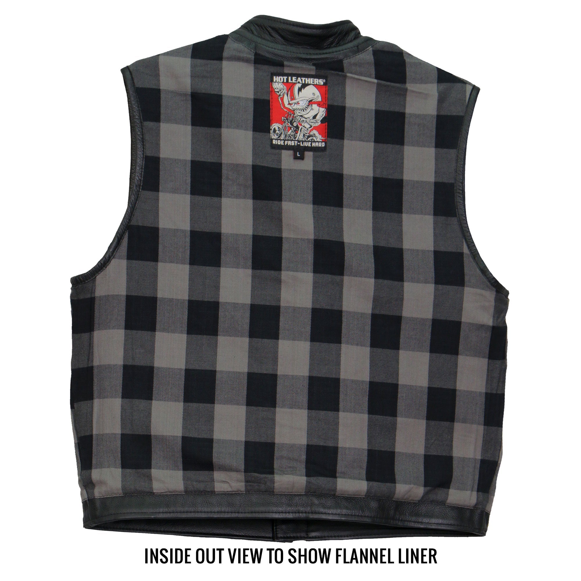 VSM1059 Men's Black 'Flannel Grey' Motorcycle Club style Conceal and Carry Leather Biker Vest