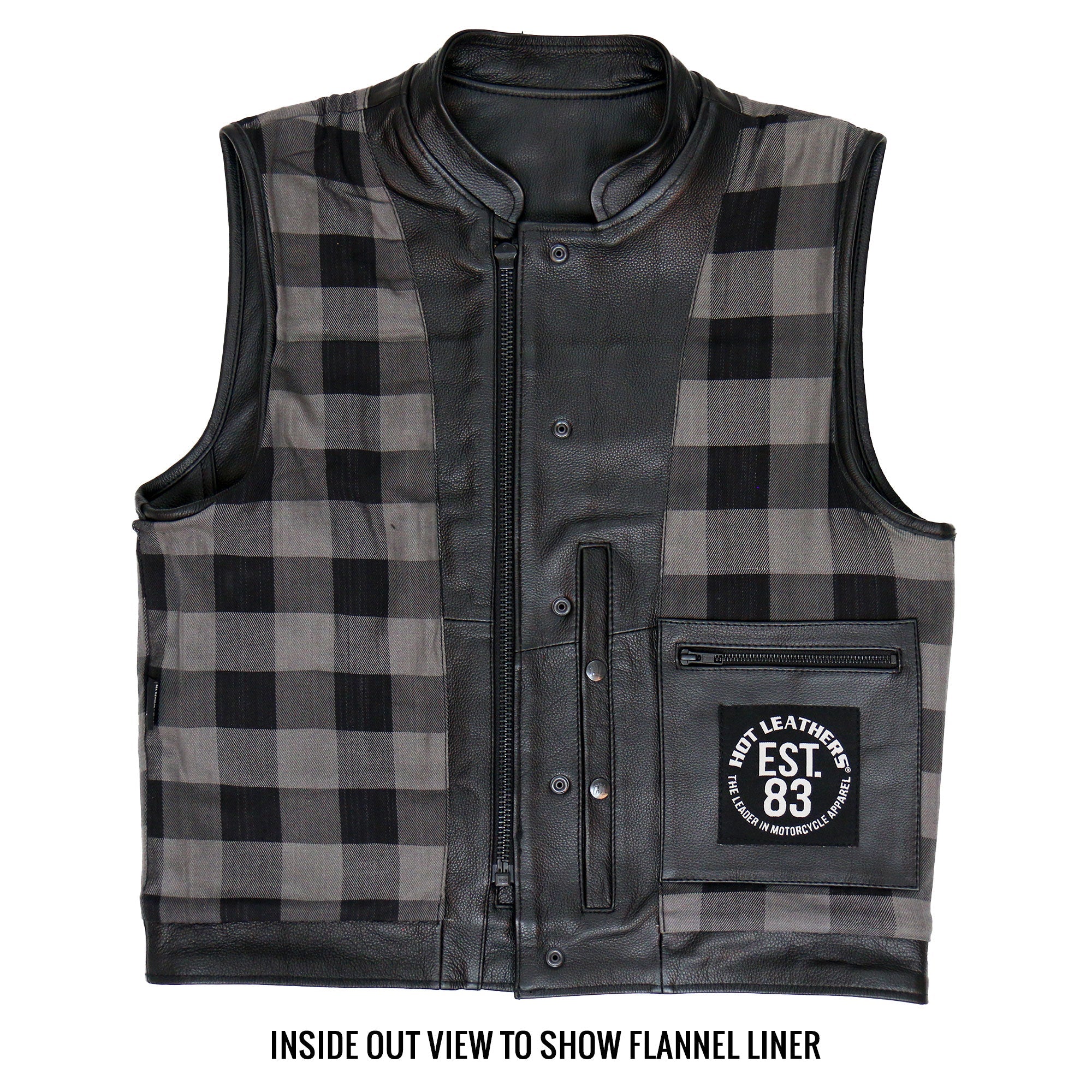 VSM1059 Men's Black 'Flannel Grey' Motorcycle Club style Conceal and Carry Leather Biker Vest
