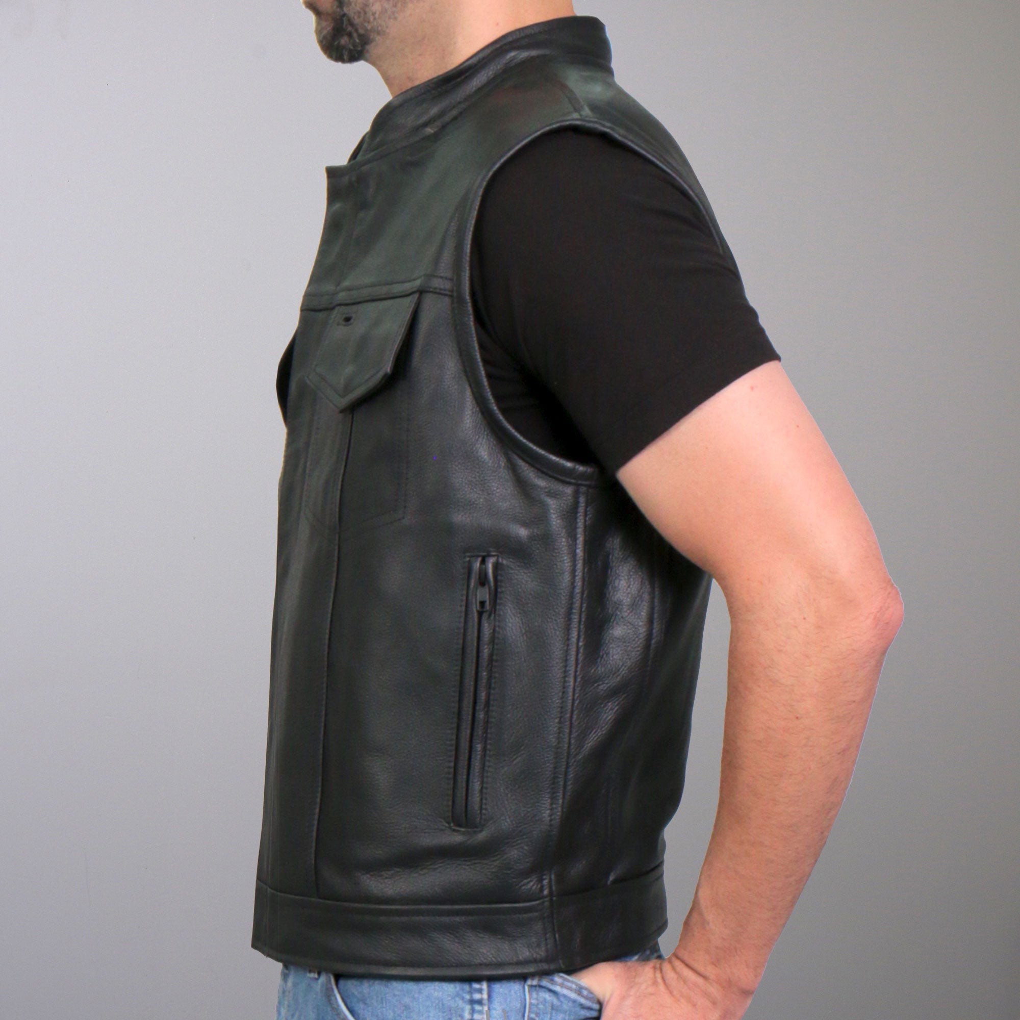 VSM1059 Men's Black 'Flannel Grey' Motorcycle Club style Conceal and Carry Leather Biker Vest