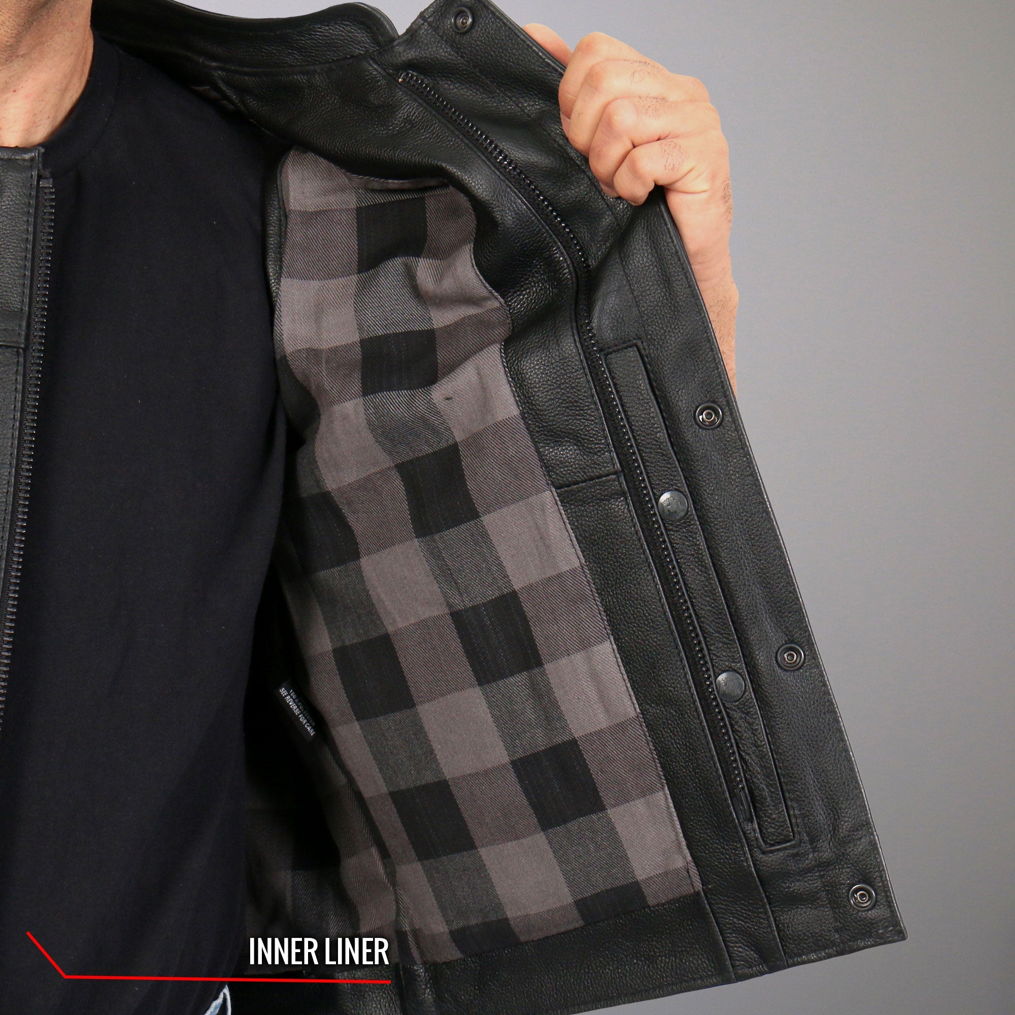 VSM1059 Men's Black 'Flannel Grey' Motorcycle Club style Conceal and Carry Leather Biker Vest