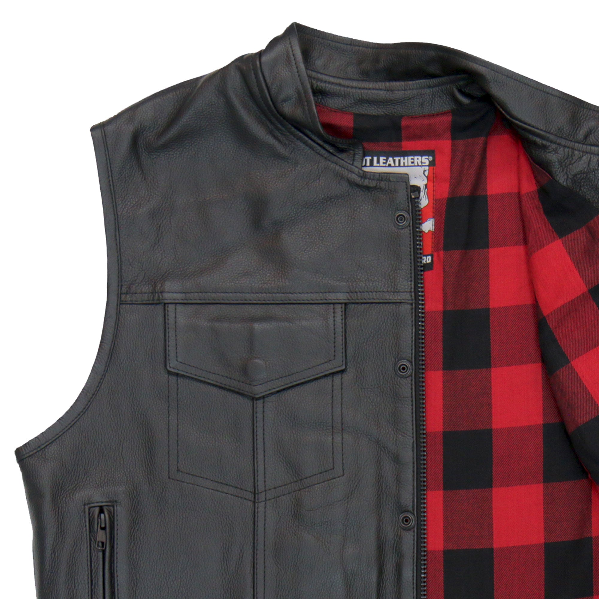 VSM1060 Men's Black 'Flannel Red' Motorcycle Club Style Conceal and Carry Leather Biker Vest