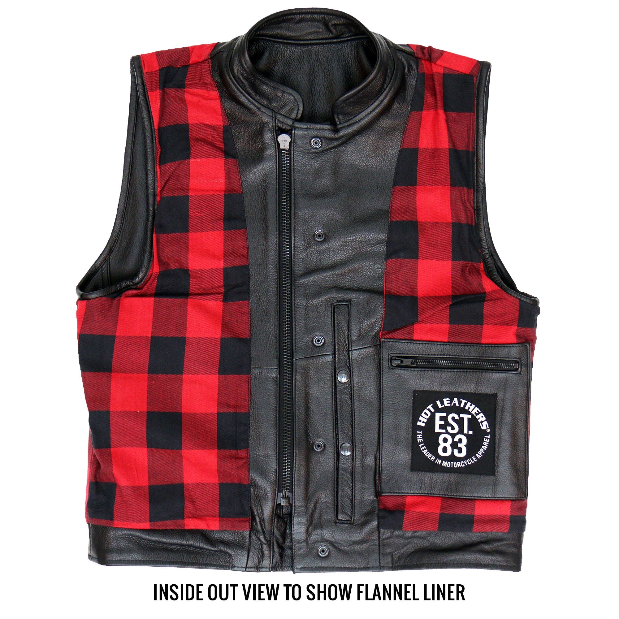 VSM1060 Men's Black 'Flannel Red' Motorcycle Club Style Conceal and Carry Leather Biker Vest