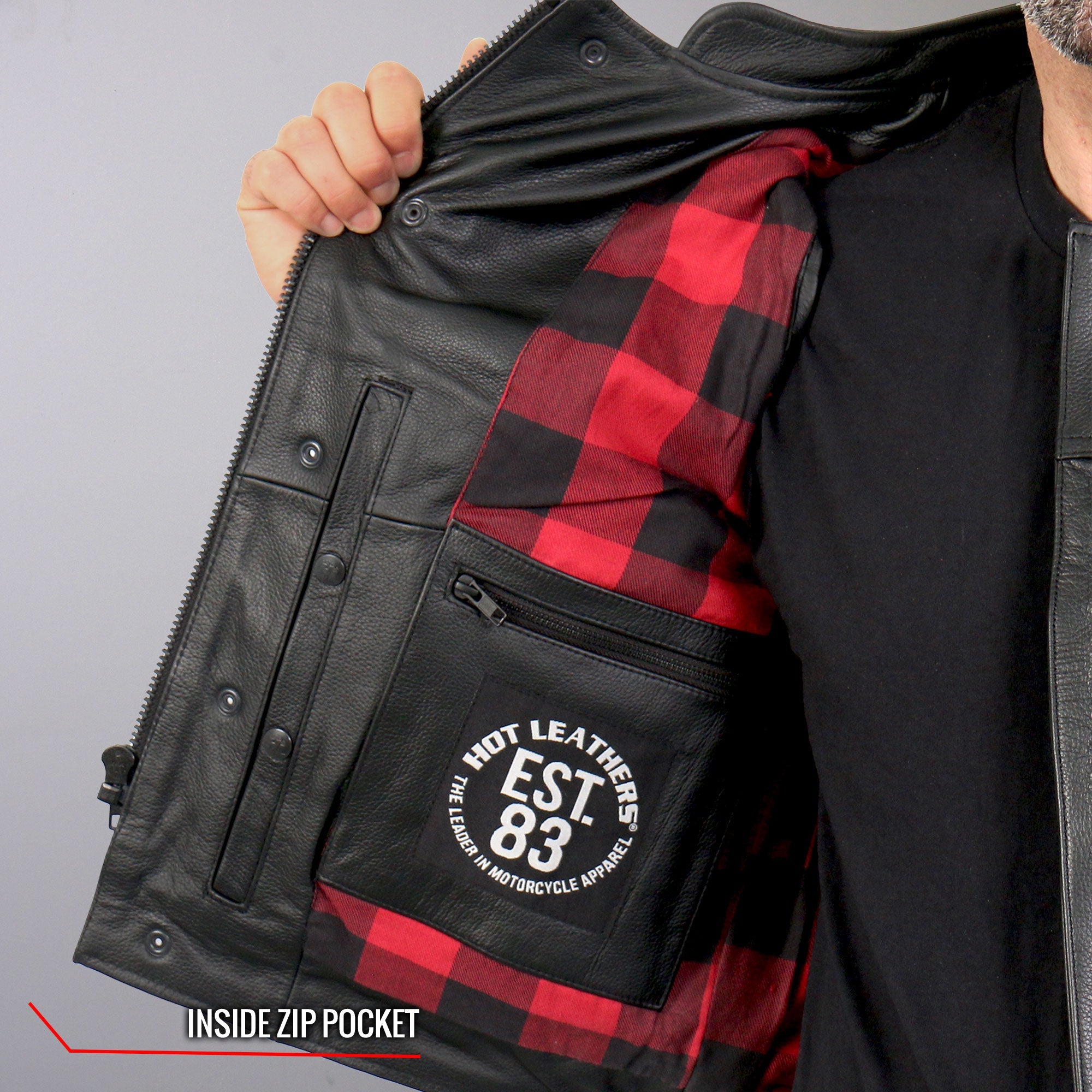 VSM1060 Men's Black 'Flannel Red' Motorcycle Club Style Conceal and Carry Leather Biker Vest