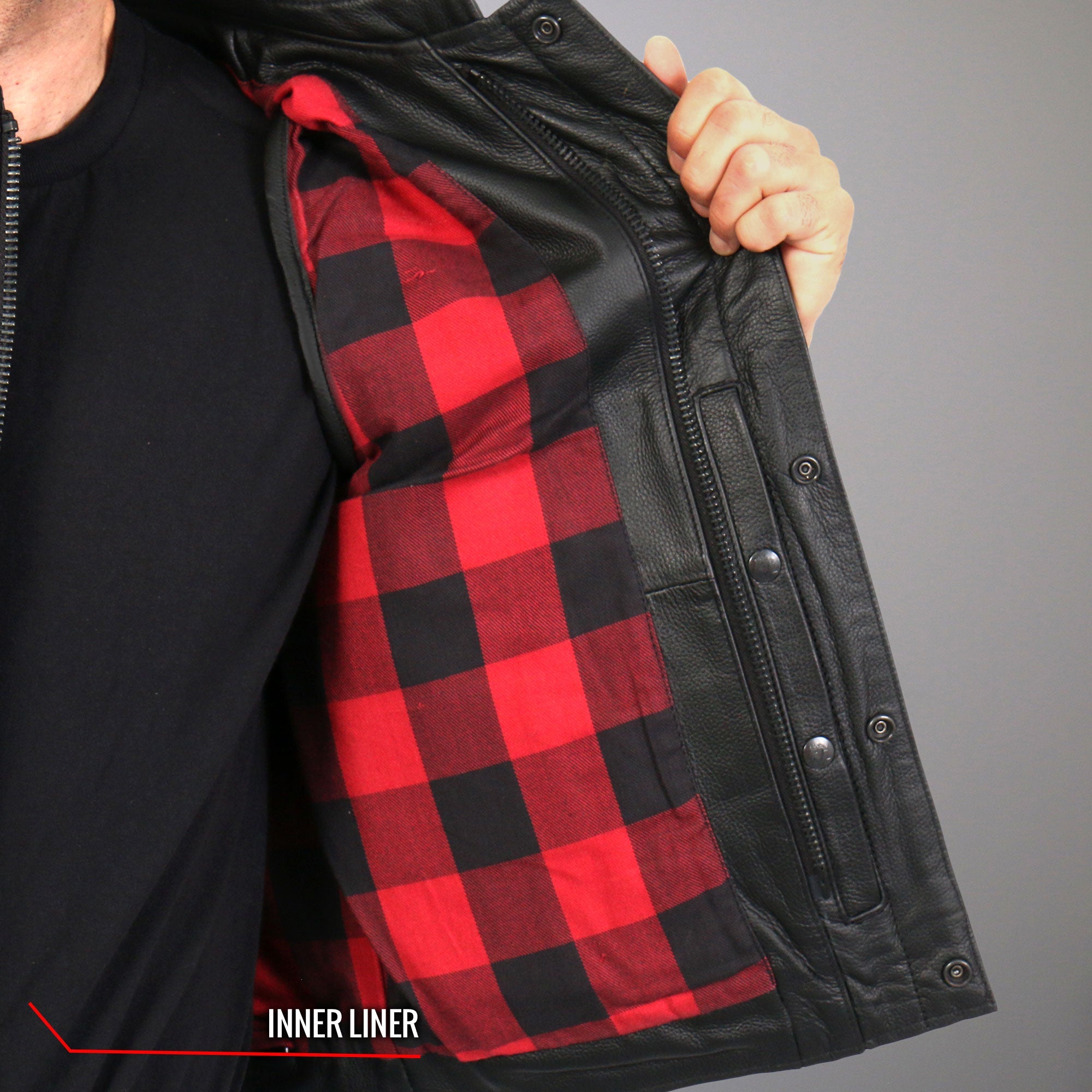 VSM1060 Men's Black 'Flannel Red' Motorcycle Club Style Conceal and Carry Leather Biker Vest