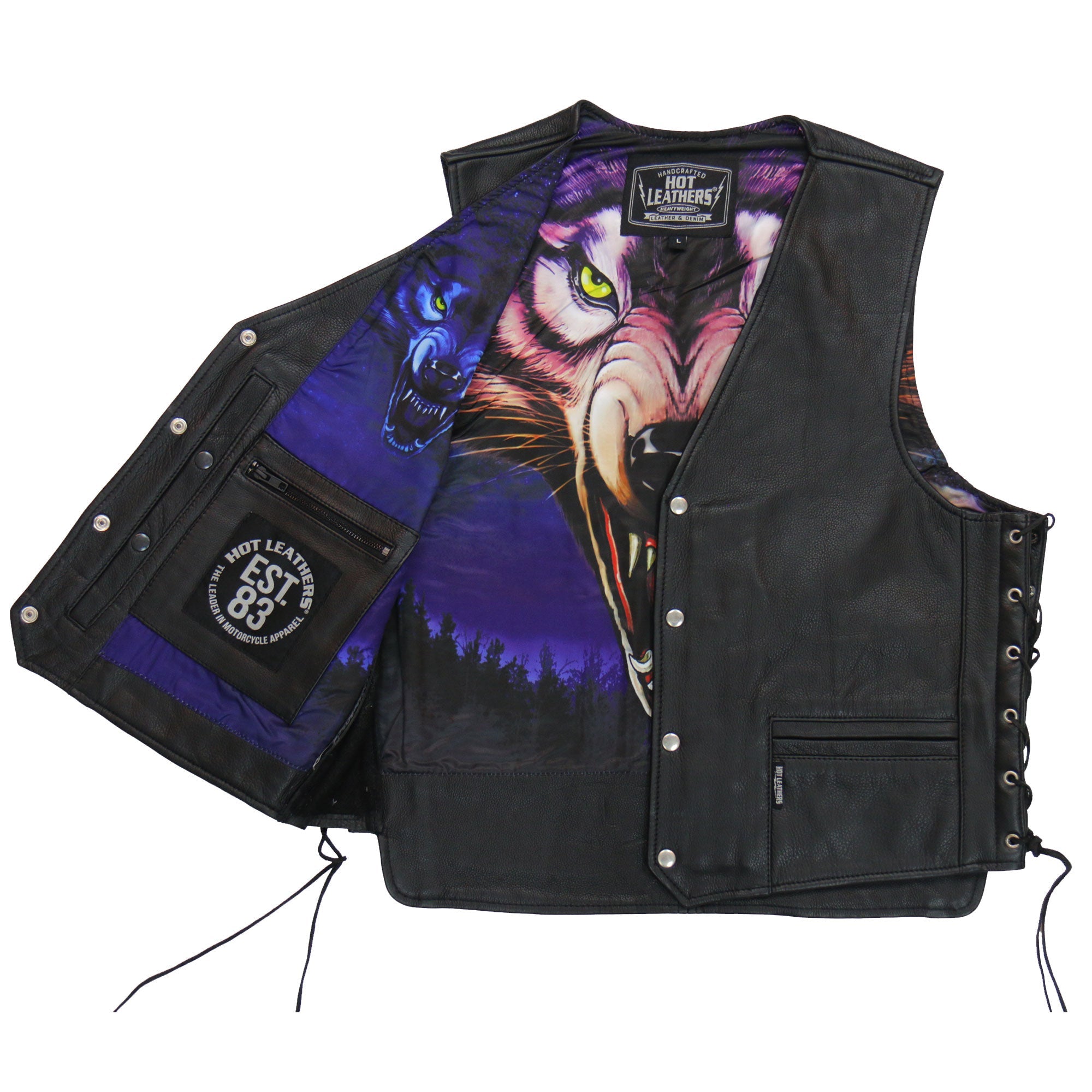 VSM1062 Men's Black 'Lone Wolf' Motorcycle style Conceal and Carry Side Lace Leather Biker Vest
