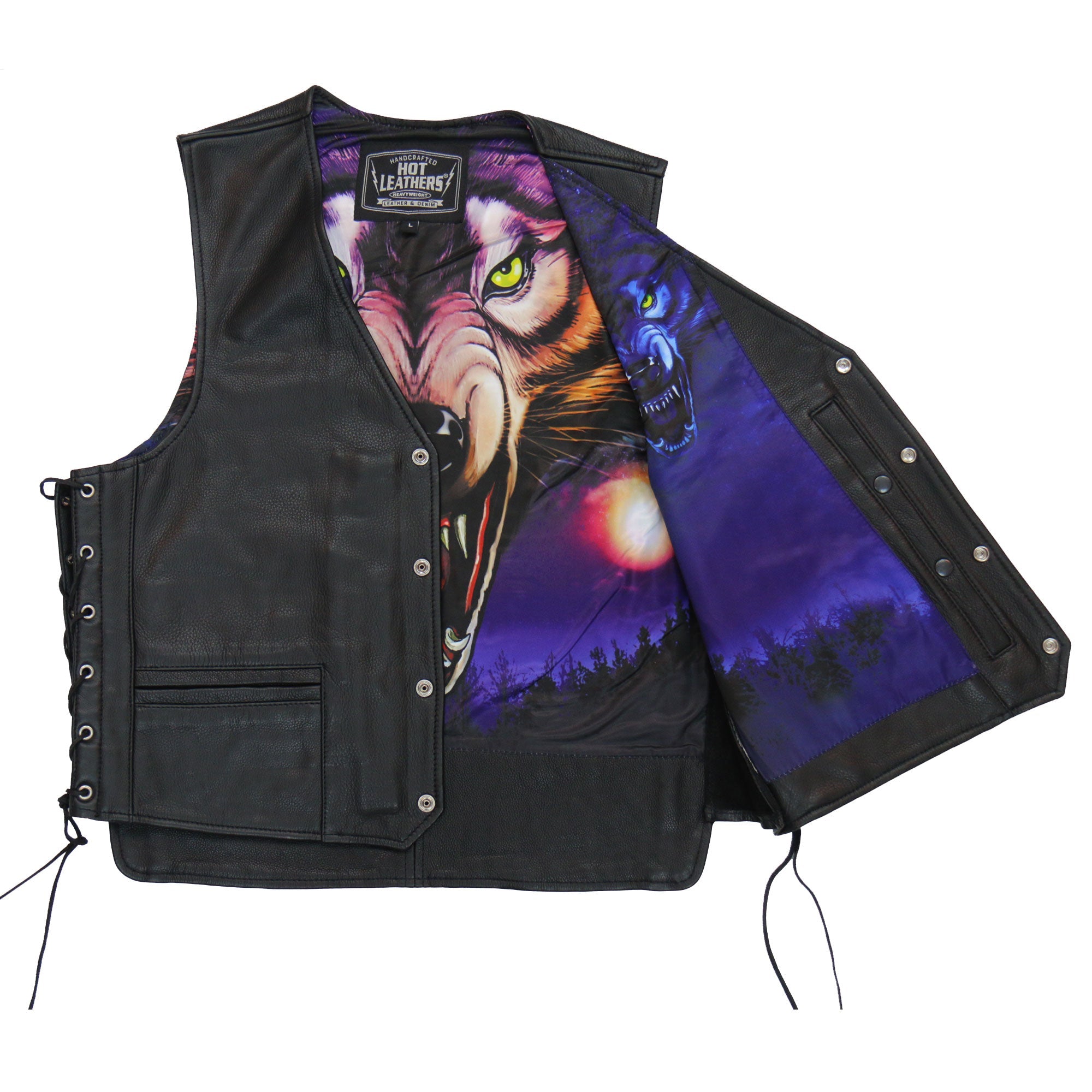 VSM1062 Men's Black 'Lone Wolf' Motorcycle style Conceal and Carry Side Lace Leather Biker Vest