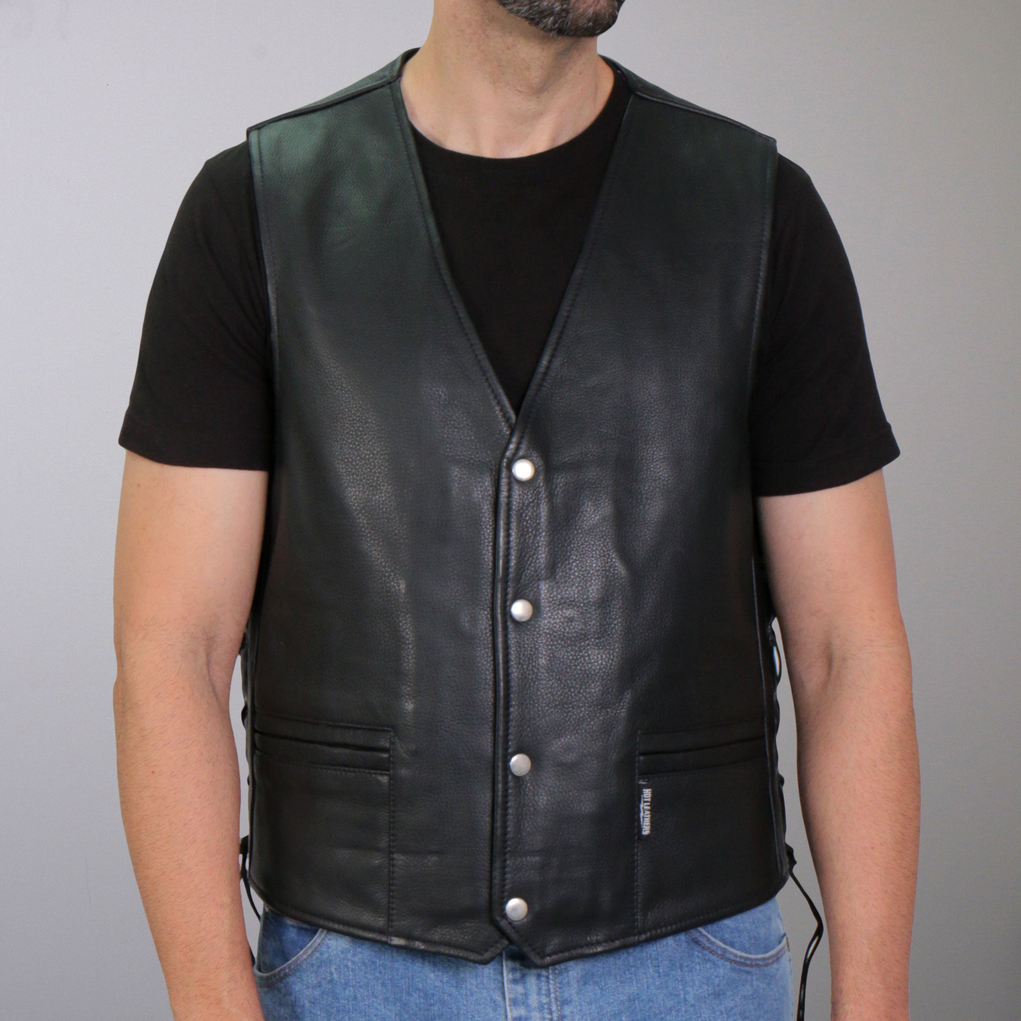VSM1062 Men's Black 'Lone Wolf' Motorcycle style Conceal and Carry Side Lace Leather Biker Vest