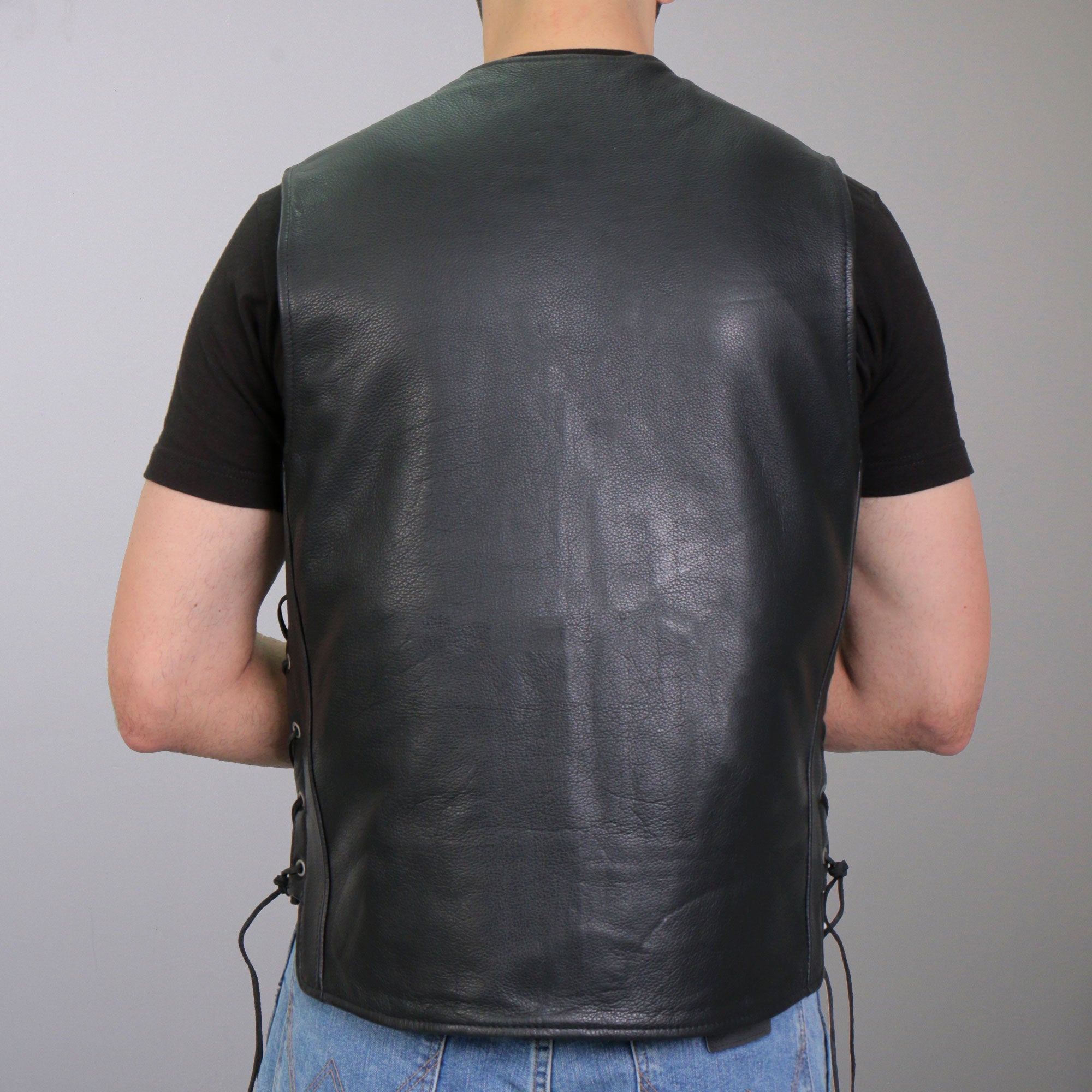 VSM1062 Men's Black 'Lone Wolf' Motorcycle style Conceal and Carry Side Lace Leather Biker Vest