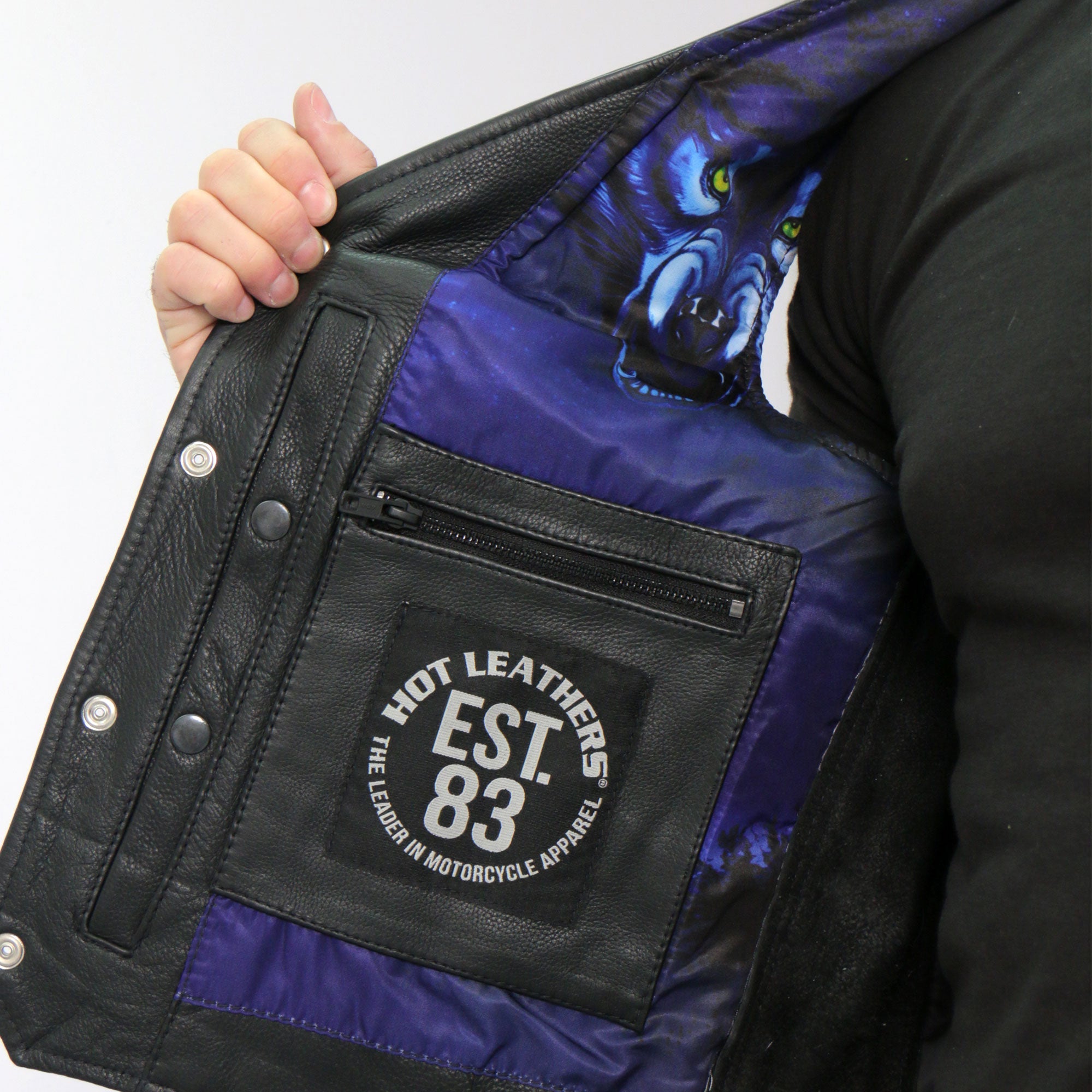 VSM1062 Men's Black 'Lone Wolf' Motorcycle style Conceal and Carry Side Lace Leather Biker Vest