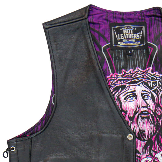 VSM1063 Men's Black 'Blessed' Motorcycle style Conceal and Carry Side Lace Leather Biker Vest