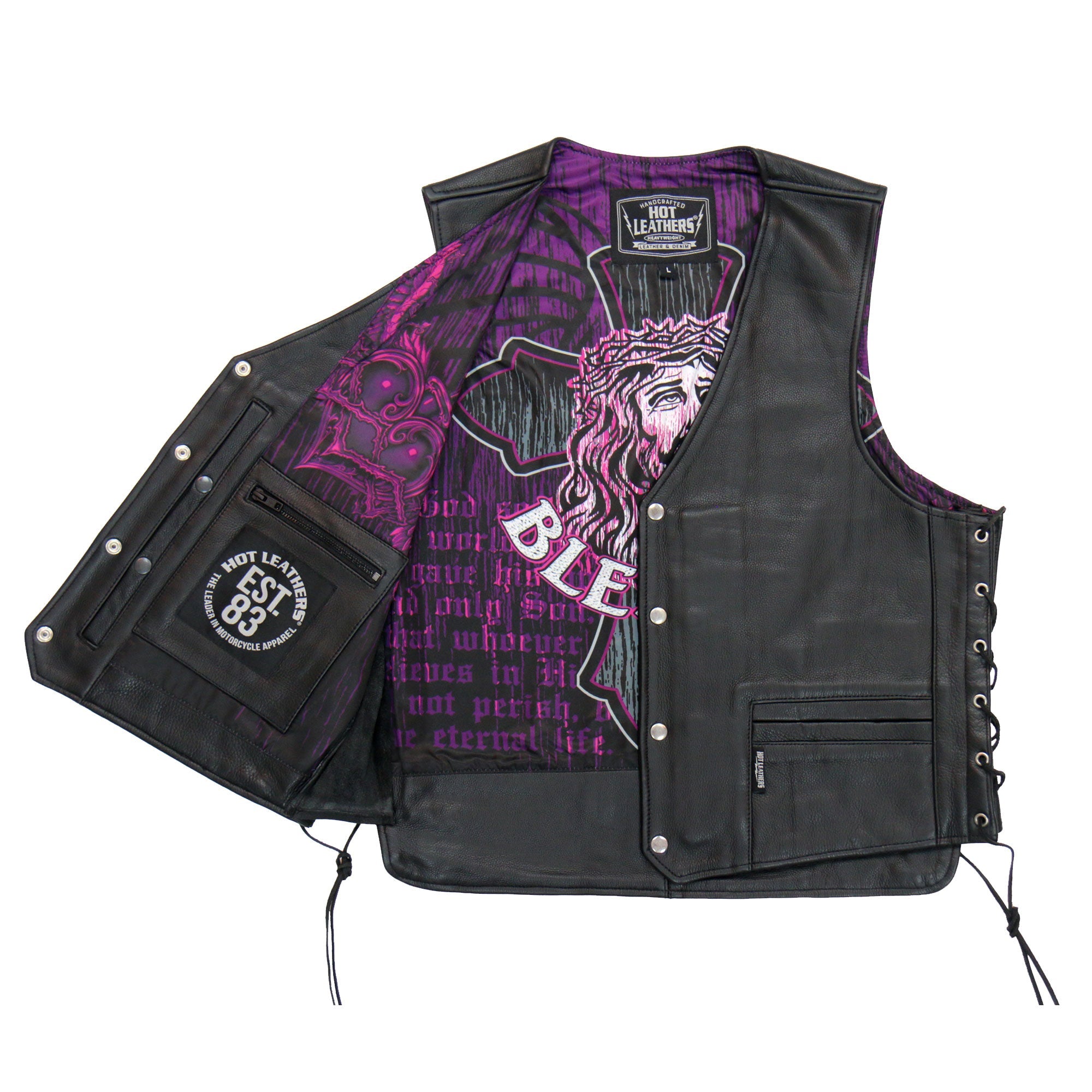 VSM1063 Men's Black 'Blessed' Motorcycle style Conceal and Carry Side Lace Leather Biker Vest