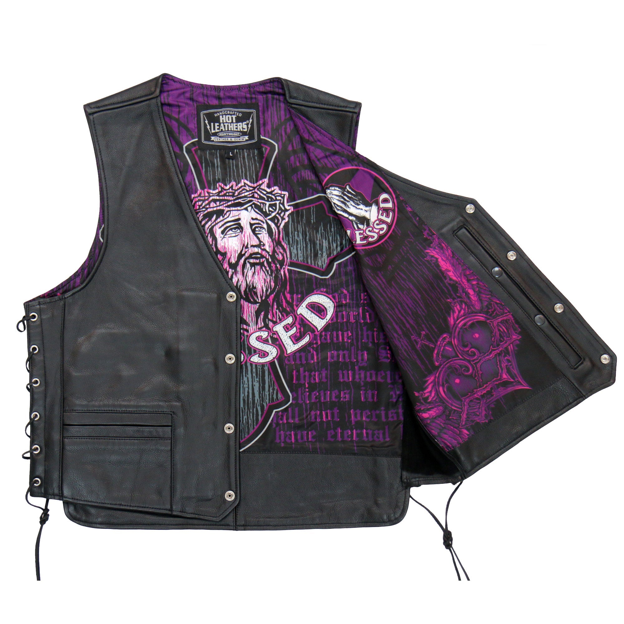 VSM1063 Men's Black 'Blessed' Motorcycle style Conceal and Carry Side Lace Leather Biker Vest