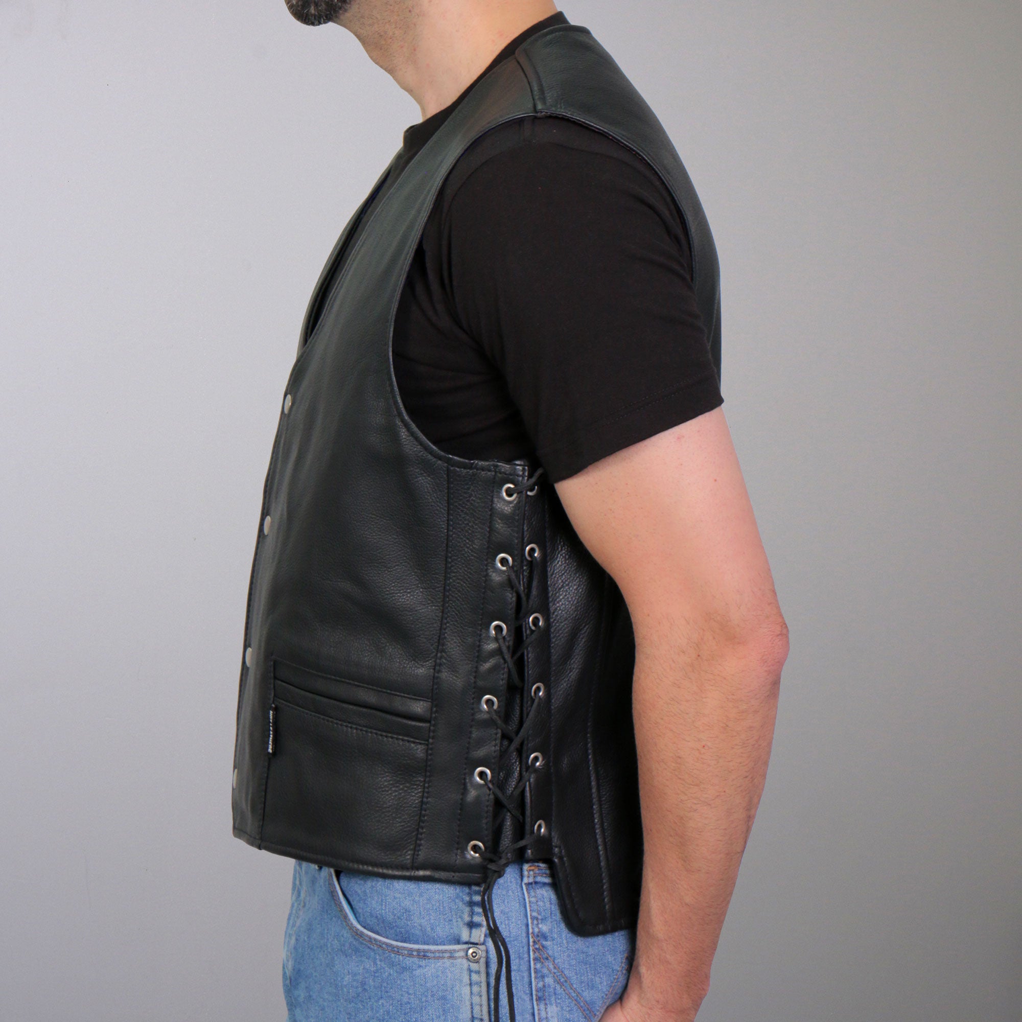 VSM1063 Men's Black 'Blessed' Motorcycle style Conceal and Carry Side Lace Leather Biker Vest